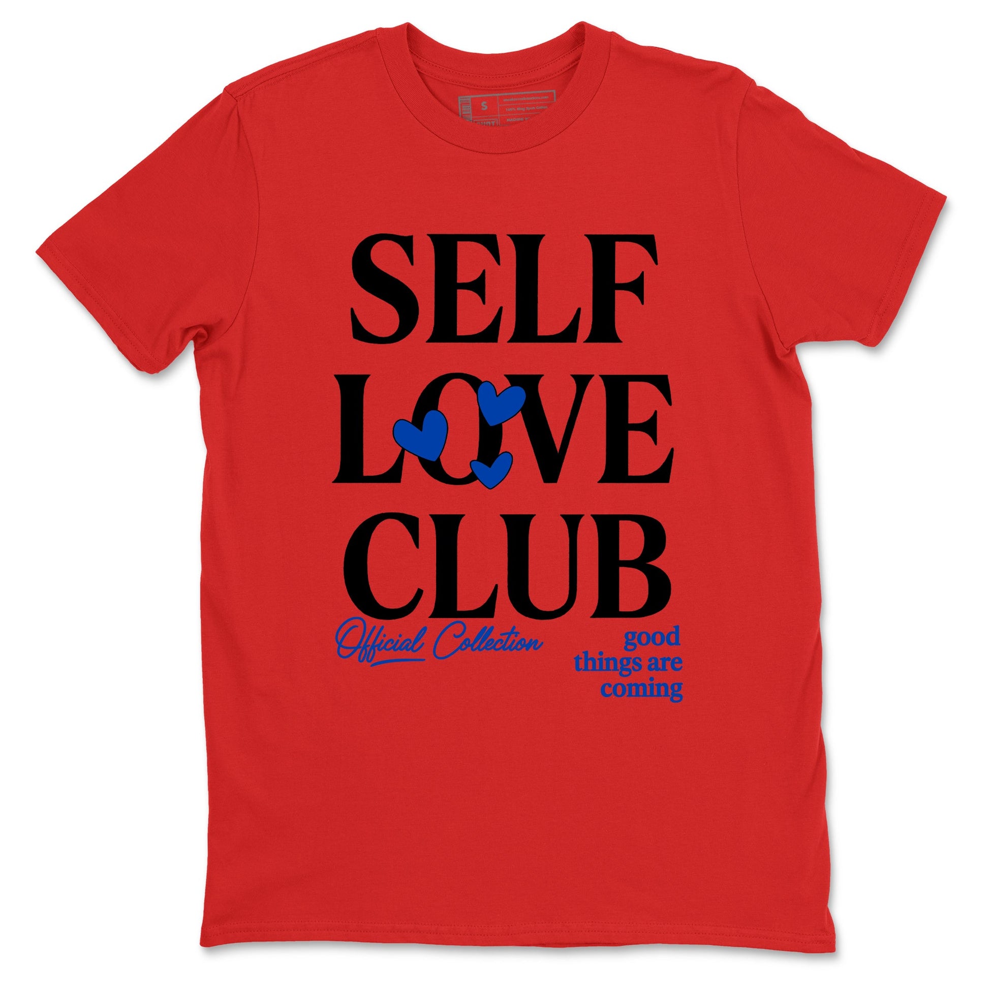 Self Love Club sneaker match t-shirt styled to complete your fit with the Air Jordan 4 Rare Air sneakers, shown in Red 2.