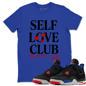 Self Love Club sneaker match t-shirt styled to complete your fit with the Air Jordan 4 Rare Air sneakers, shown in Royal Blue 1.