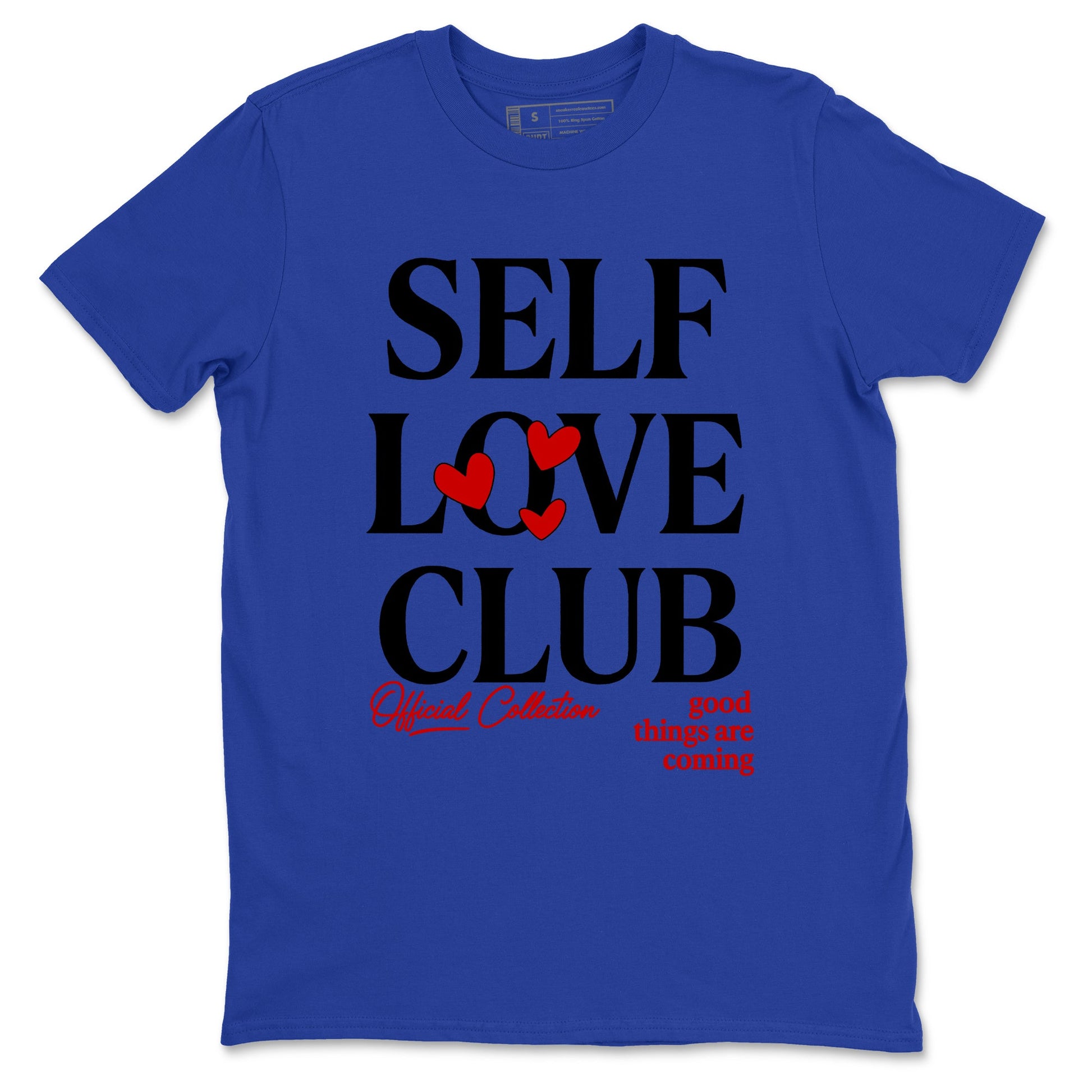 Self Love Club sneaker match t-shirt styled to complete your fit with the Air Jordan 4 Rare Air sneakers, shown in Royal Blue 2.