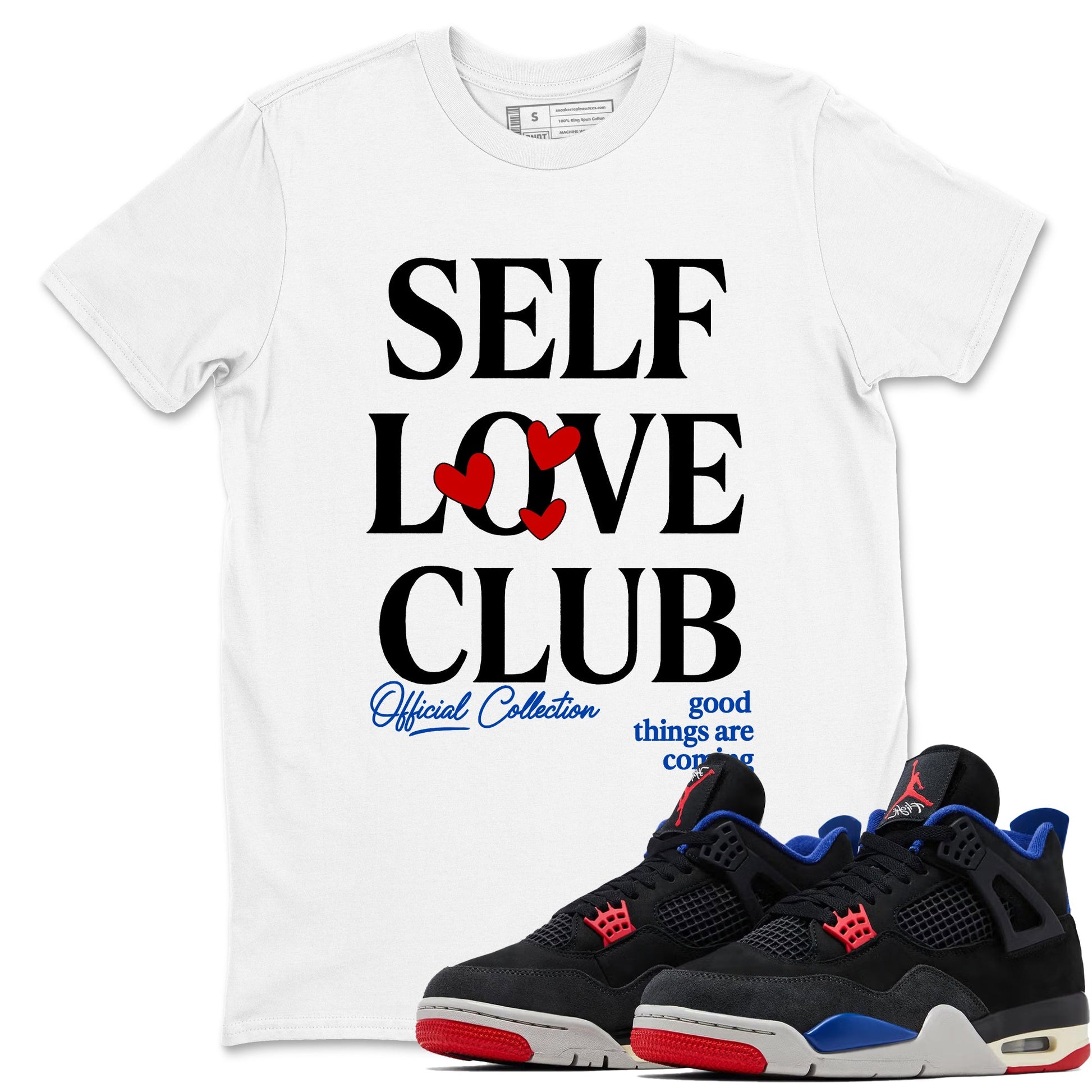 Self Love Club sneaker match t-shirt styled to complete your fit with the Air Jordan 4 Rare Air sneakers, shown in White 1.