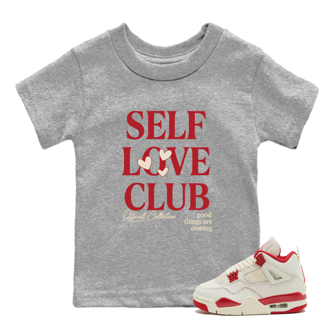 Sneaker match tees – Sneaker Tees To Match Air Jordan 4 Valentines Day Shoes – Self Love Club Kids T-Shirt Heather Grey 1