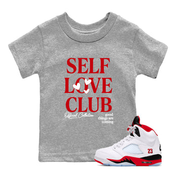5s Fire Red Sneaker match tees – Sneaker Tees To Match Jordan 5 Retro Fire Red Sneakers – Self Love Club Kids Graphic T-Shirt Heather Grey 1