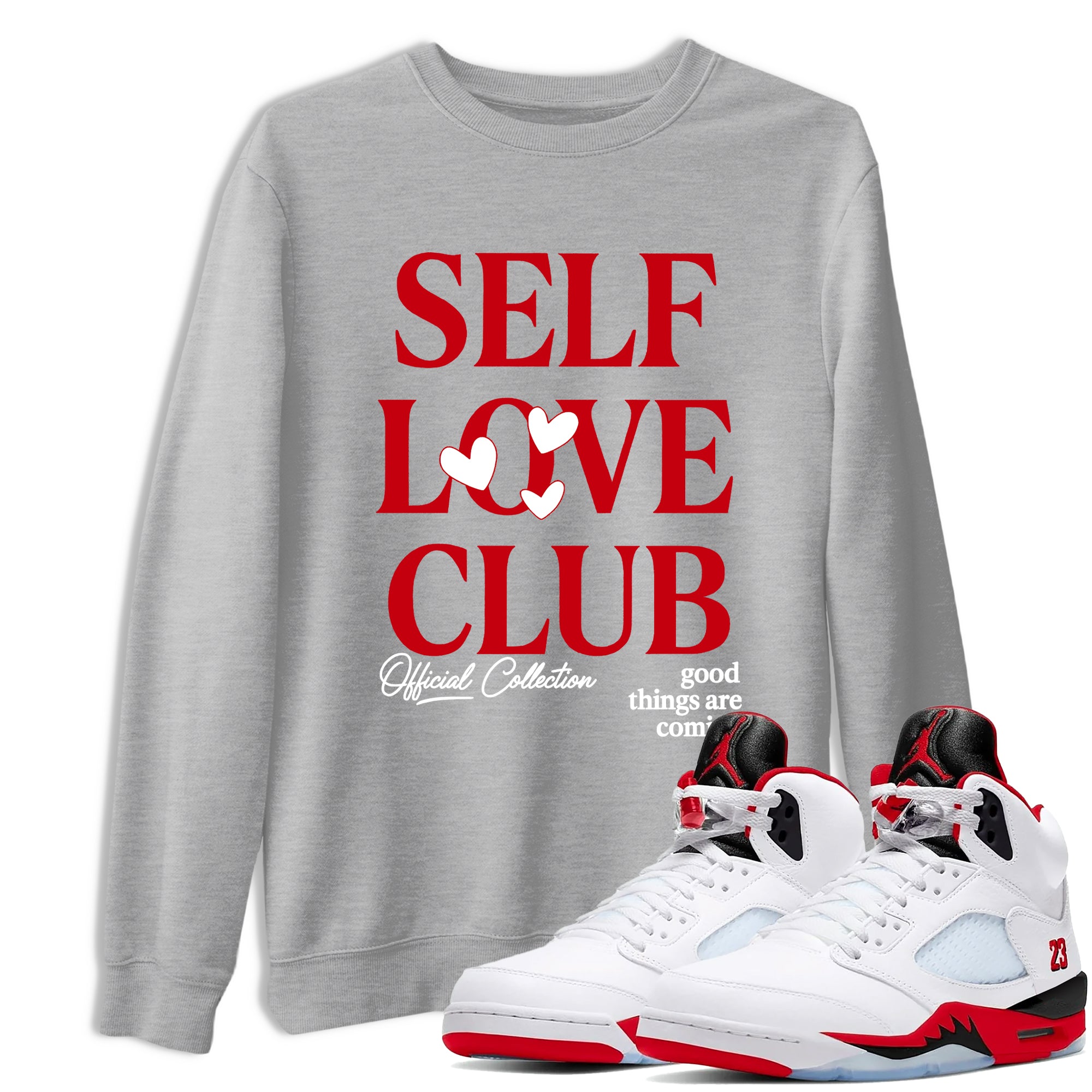 5s Fire Red Sneaker match tees – Sneaker Tees To Match Jordan 5 Retro Fire Red Sneakers – Self Love Club Graphic Tee Heather Grey 1