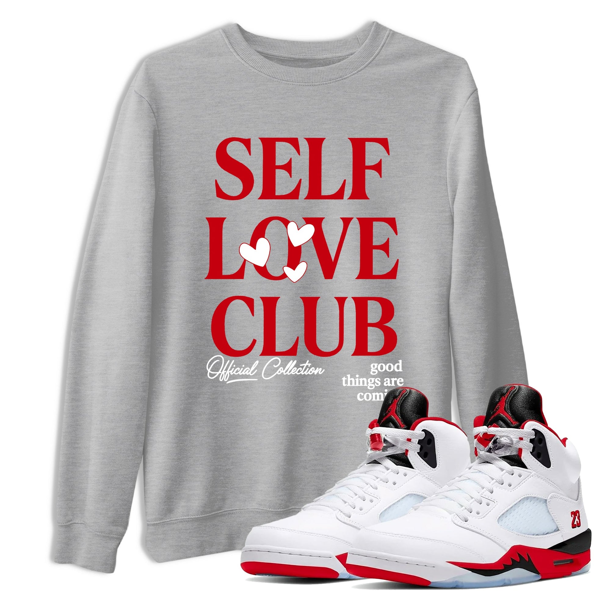 5s Fire Red Sneaker match tees – Sneaker Tees To Match Jordan 5 Retro Fire Red Sneakers – Self Love Club Graphic Tee Heather Grey 1