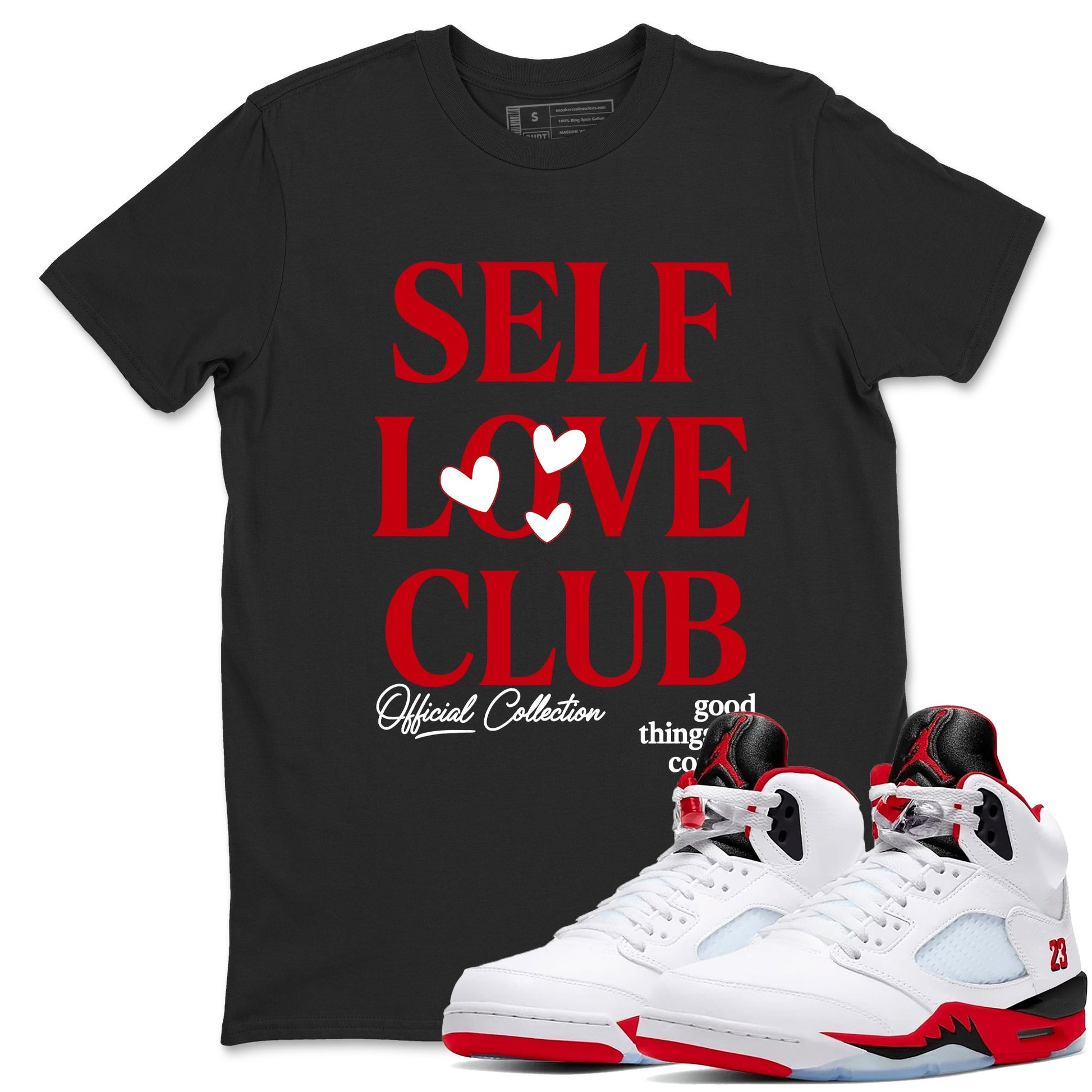5s Fire Red Sneaker match tees – Sneaker Tees To Match Jordan 5 Retro Fire Red Sneakers – Self Love Club Graphic Tee Black 1