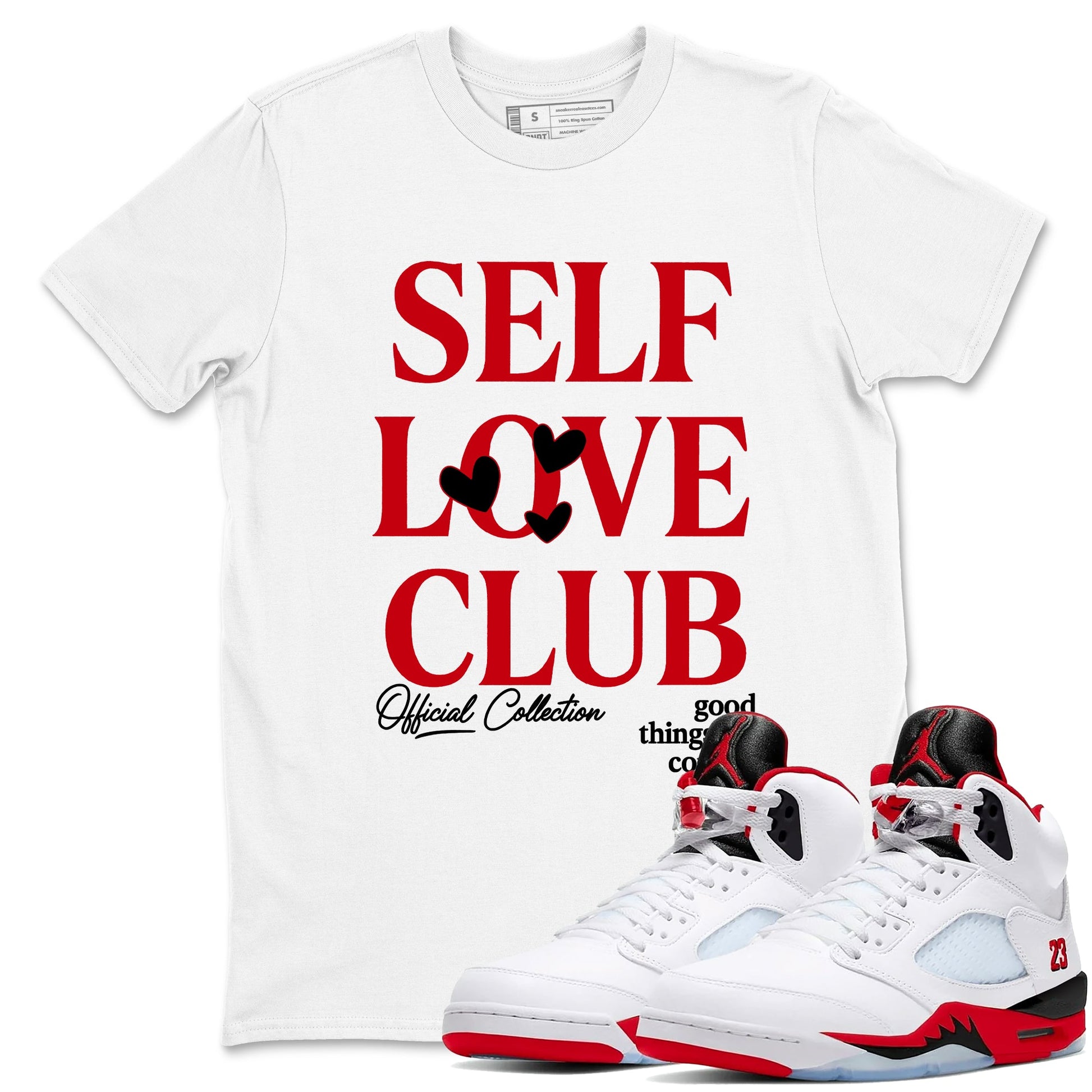 5s Fire Red Sneaker match tees – Sneaker Tees To Match Jordan 5 Retro Fire Red Sneakers – Self Love Club Graphic Tee White 1