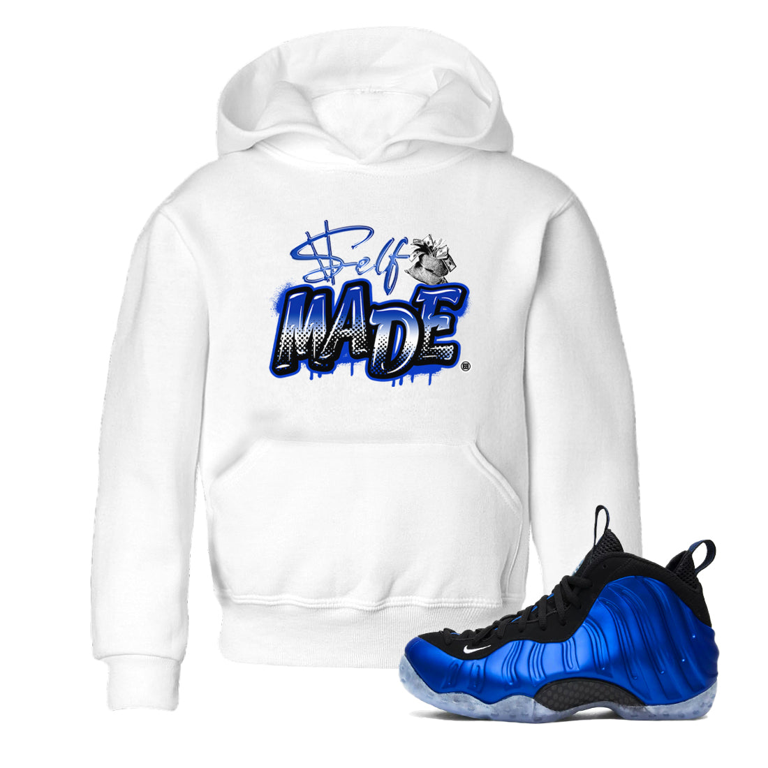 Air Foamposite One Royal shirts to match jordans Self Made sneaker match tees Air Foamposite One Royal SNRT Sneaker Release Tees Youth Baby White 1 crew neck shirts