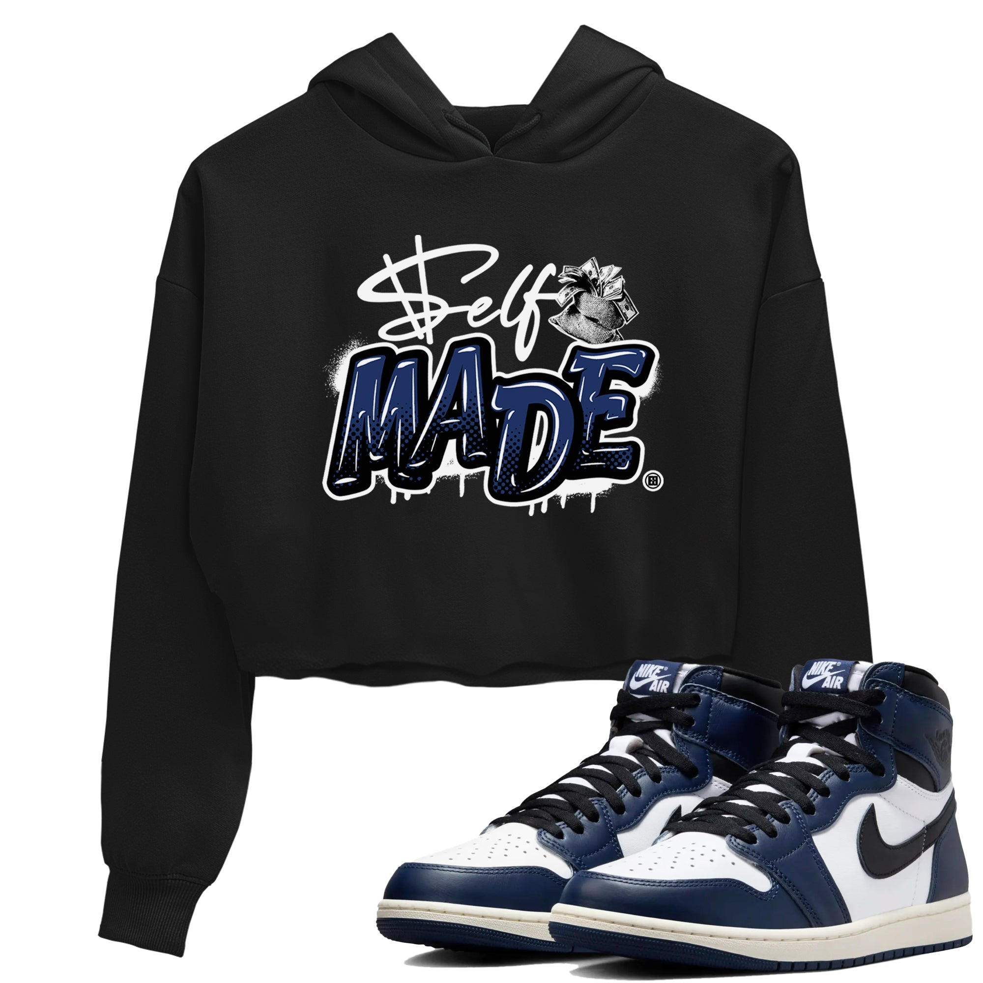 1s Midnight Navy shirts to match jordans Self Made sneaker match tees Air Jordan 1 Midnight Navy match shoes to clothes SNRT Sneaker Tees unisex cotton Black 1 crop tee