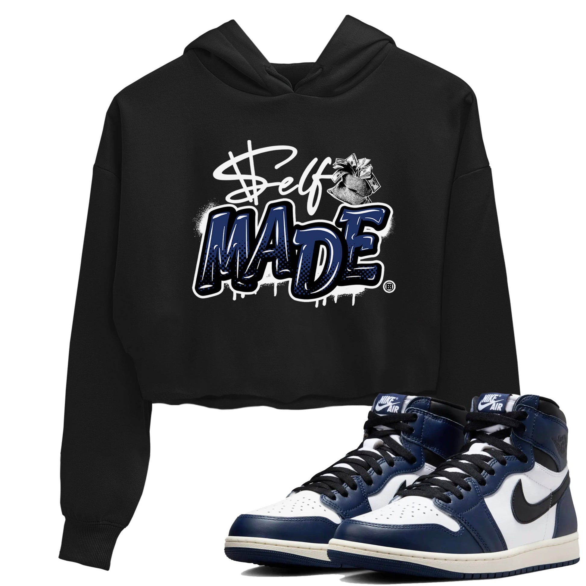 1s Midnight Navy shirts to match jordans Self Made sneaker match tees Air Jordan 1 Midnight Navy match shoes to clothes SNRT Sneaker Tees unisex cotton Black 1 crop tee