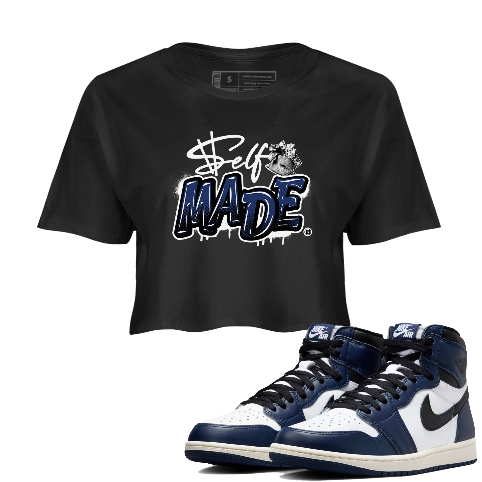 1s Midnight Navy shirts to match jordans Self Made sneaker match tees Air Jordan 1 Midnight Navy match shoes to clothes SNRT Sneaker Tees unisex cotton Black 1 crop tee