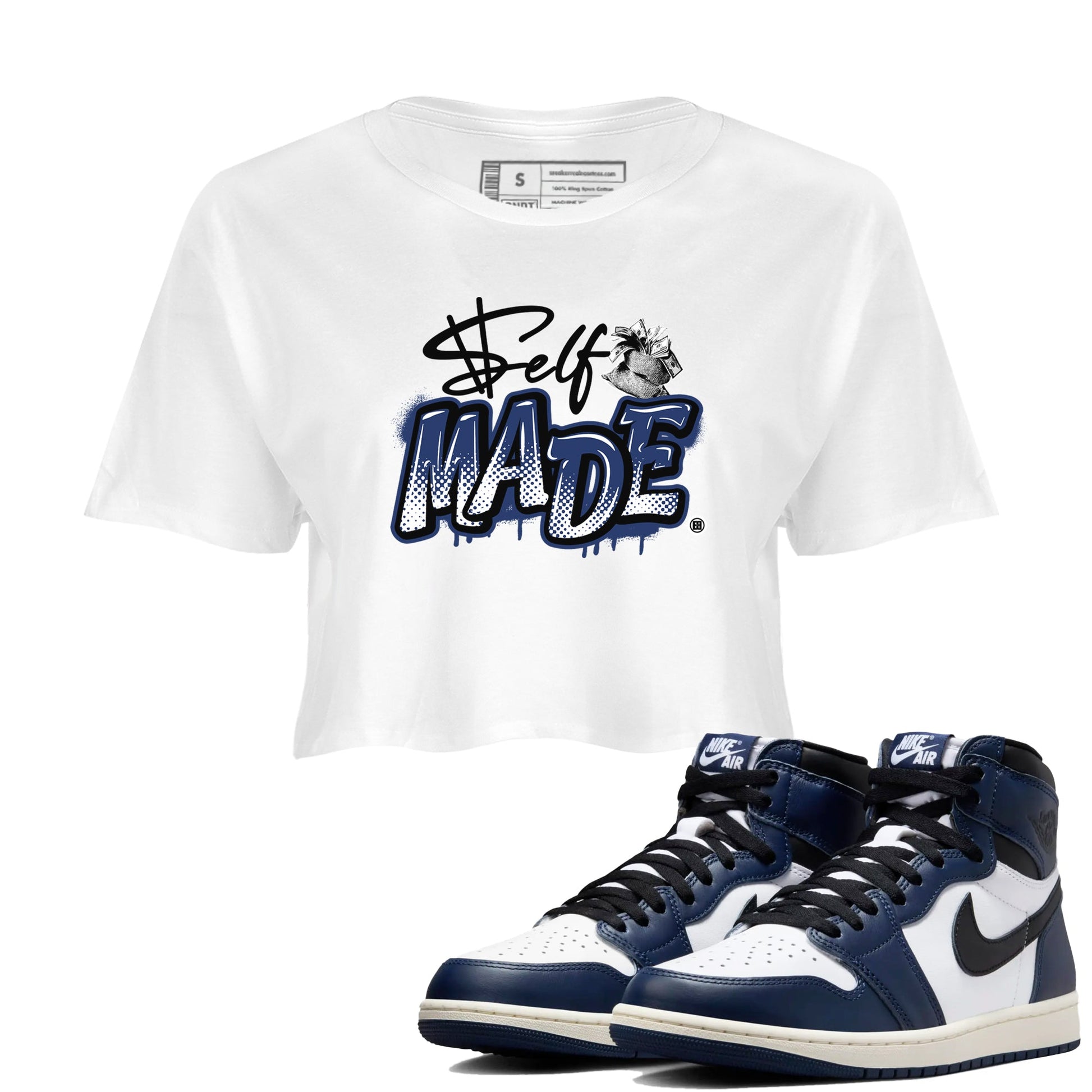 1s Midnight Navy shirts to match jordans Self Made sneaker match tees Air Jordan 1 Midnight Navy match shoes to clothes SNRT Sneaker Tees unisex cotton White 1 crop tee