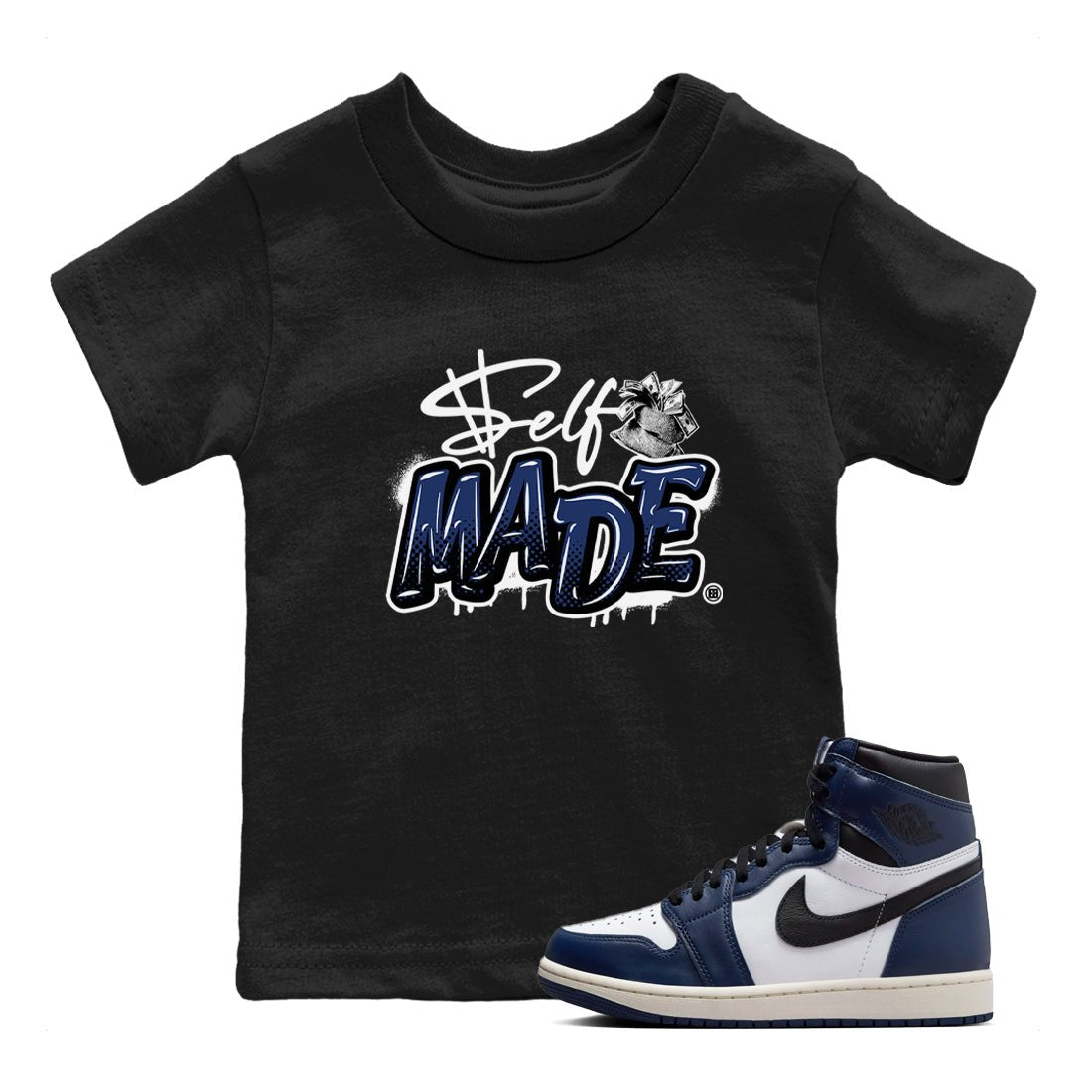 1s Midnight Navy shirts to match jordans Self Made sneaker match tees Air Jordan 1 Midnight Navy match shoes to clothes SNRT Sneaker Tees Youth Baby Black 1 tee