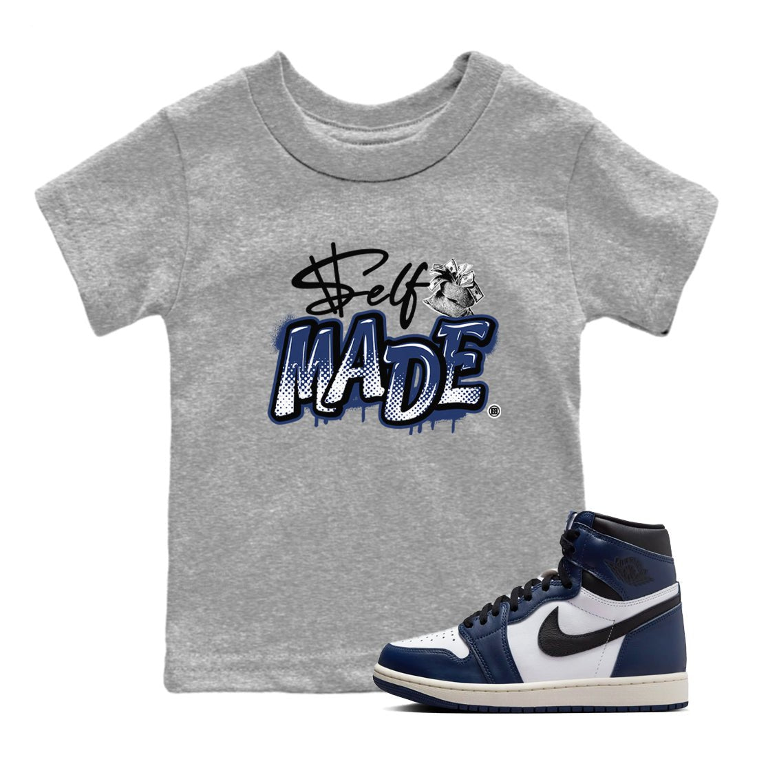 1s Midnight Navy shirts to match jordans Self Made sneaker match tees Air Jordan 1 Midnight Navy match shoes to clothes SNRT Sneaker Tees Youth Baby Heather Grey 1 tee