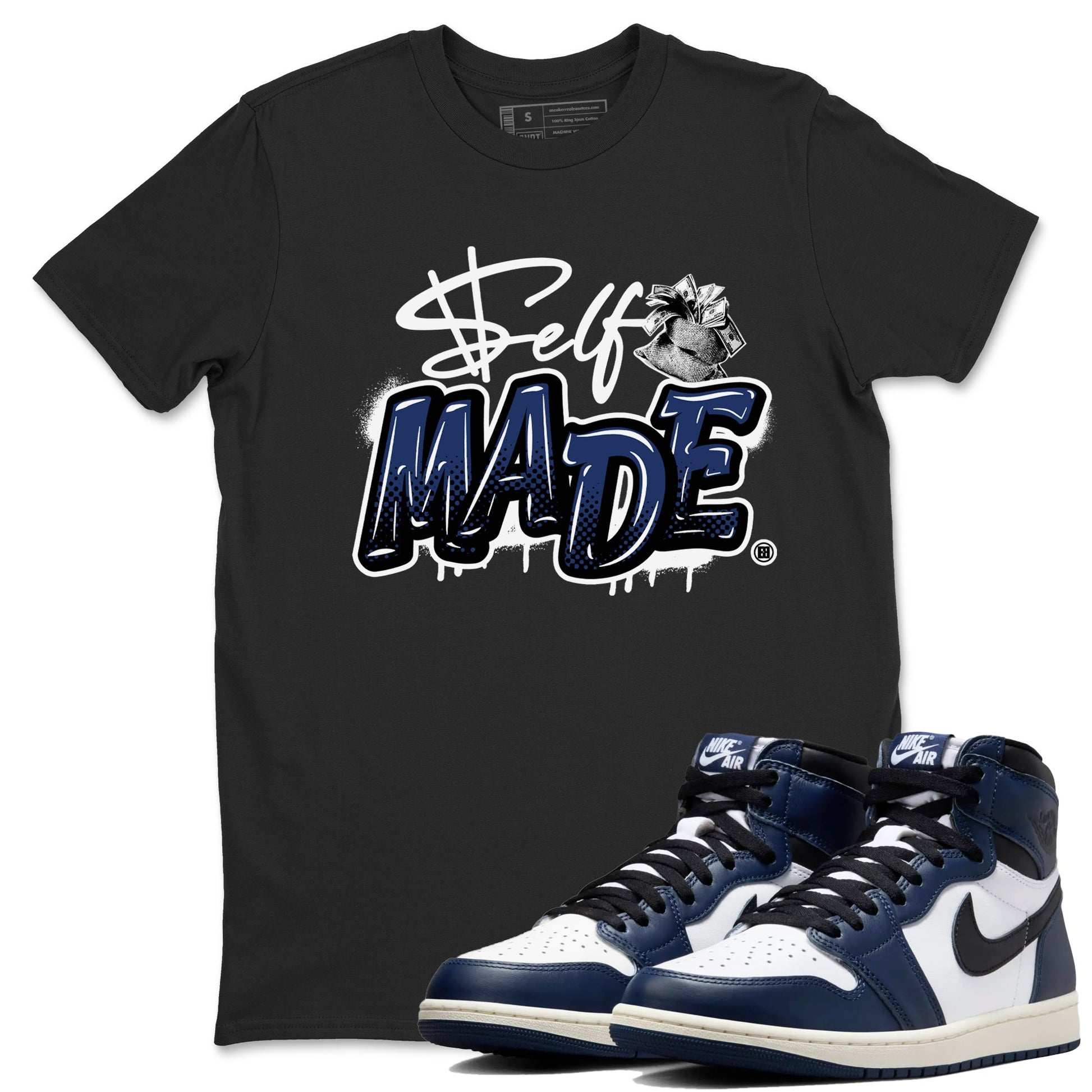 1s Midnight Navy shirts to match jordans Self Made sneaker match tees Air Jordan 1 Midnight Navy match shoes to clothes SNRT Sneaker Tees unisex cotton Black 1 shirts