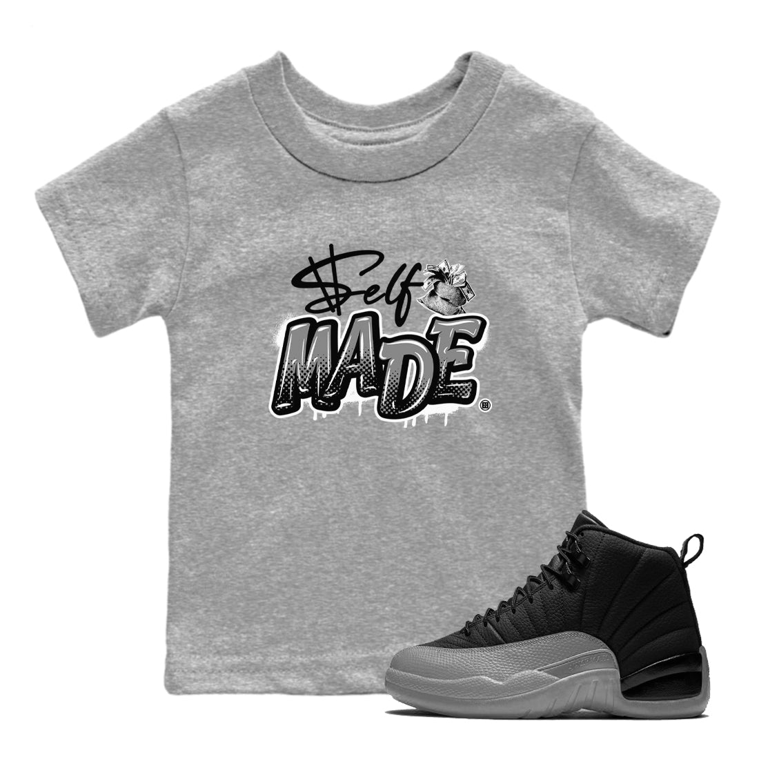 12s Black Wolf Grey shirts to match jordans Self Made sneaker match tees 12s Barons Grey SNRT Sneaker Release Tees Youth Baby Heather Grey 2 crew neck shirts