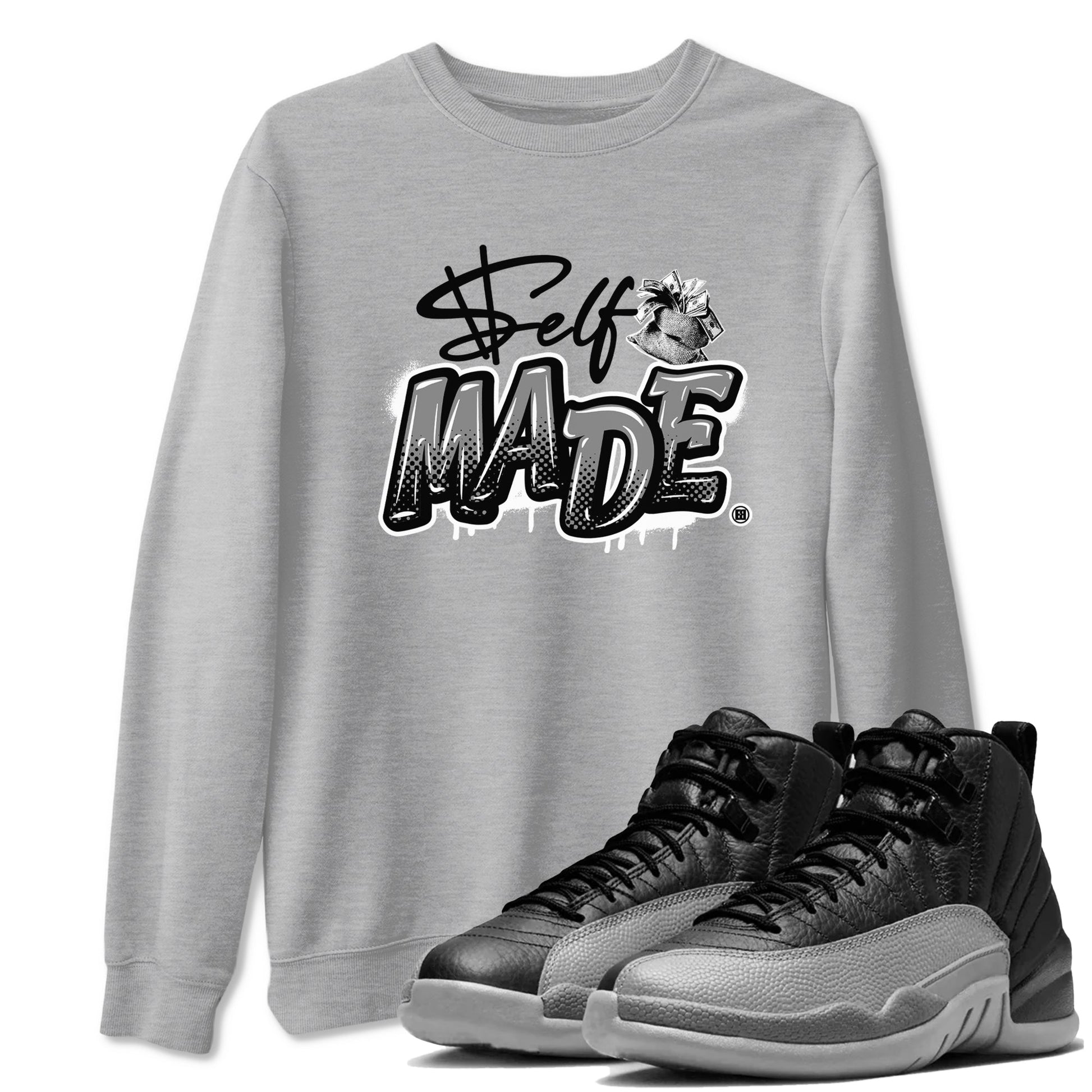 12s Black Wolf Grey shirts to match jordans Self Made sneaker match tees 12s Barons Grey SNRT Sneaker Release Tees unisex cotton Heather Grey 1 crew neck shirts