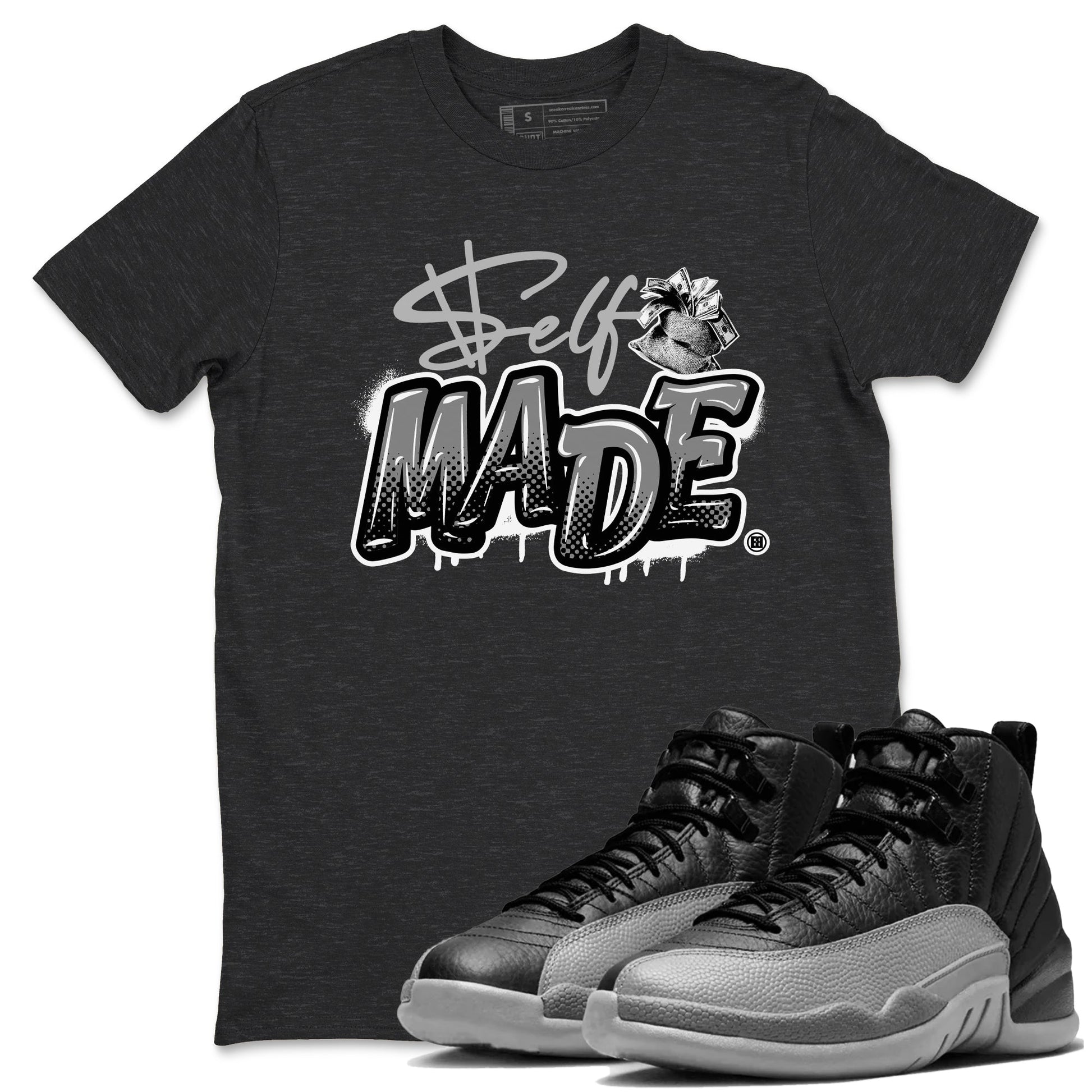 12s Black Wolf Grey shirts to match jordans Self Made sneaker match tees 12s Barons Grey SNRT Sneaker Release Tees unisex cotton Charcoal Heather 1 crew neck shirts