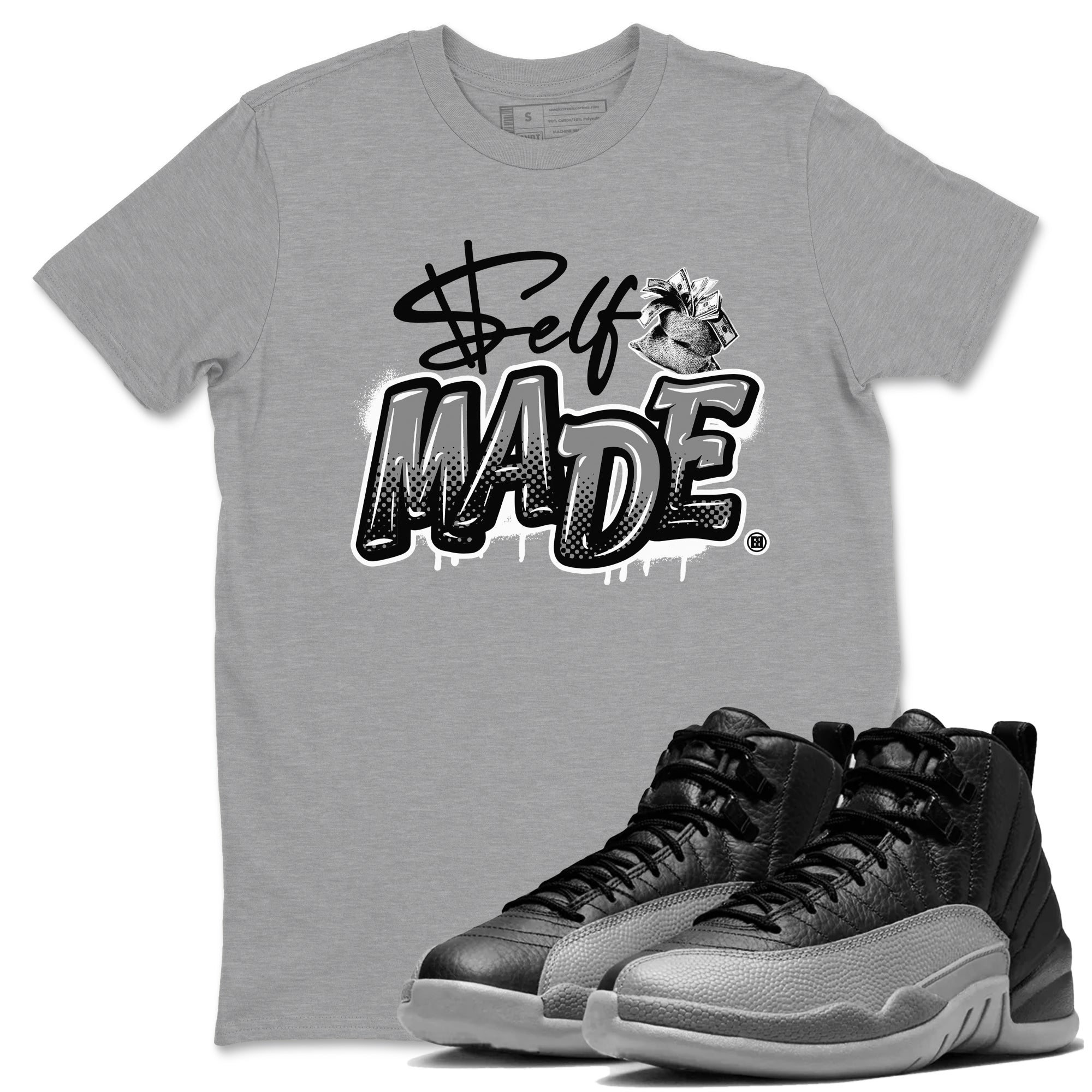 12s Black Wolf Grey shirts to match jordans Self Made sneaker match tees 12s Barons Grey SNRT Sneaker Release Tees unisex cotton Heather Grey 1 crew neck shirts