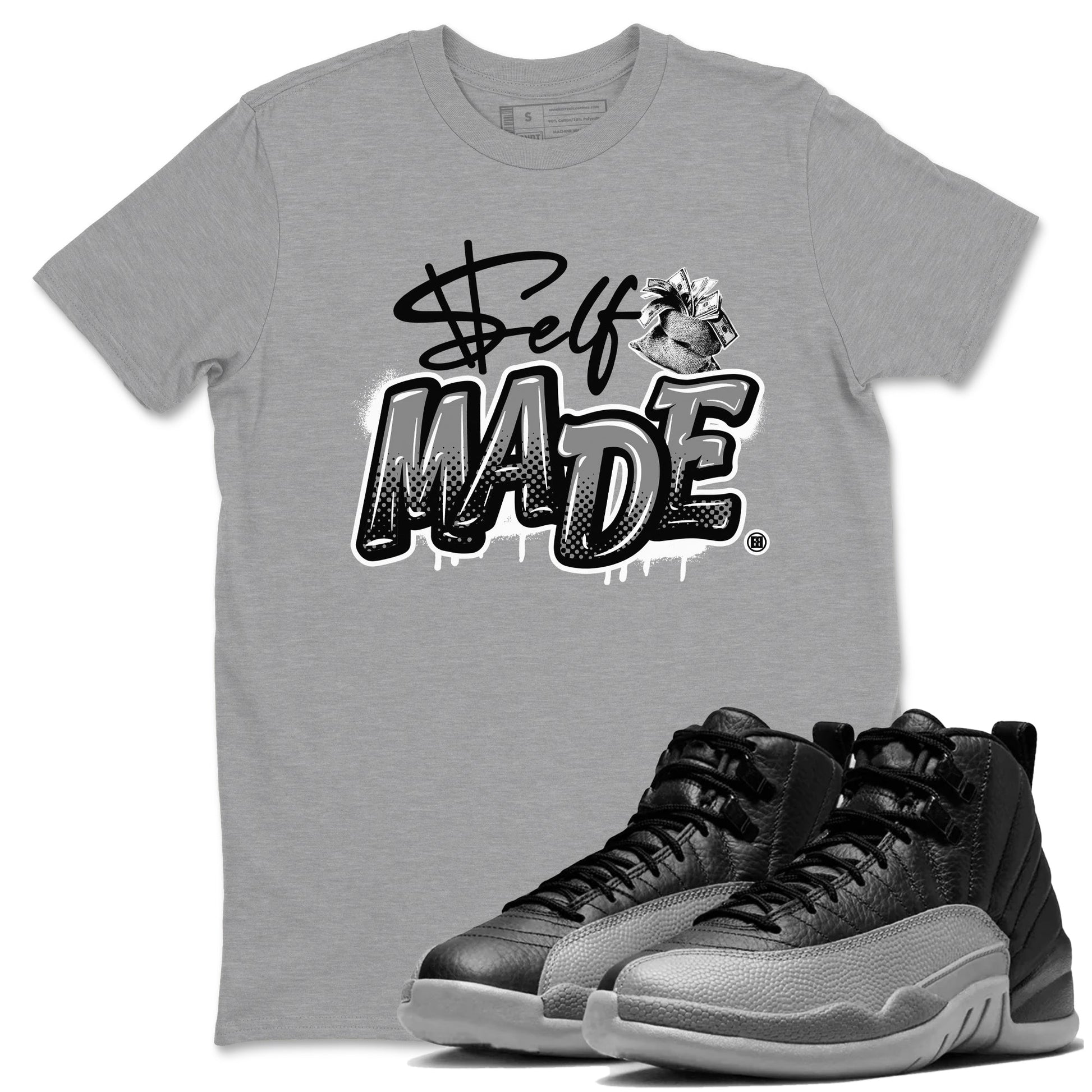 12s Black Wolf Grey shirts to match jordans Self Made sneaker match tees 12s Barons Grey SNRT Sneaker Release Tees unisex cotton Heather Grey 1 crew neck shirts