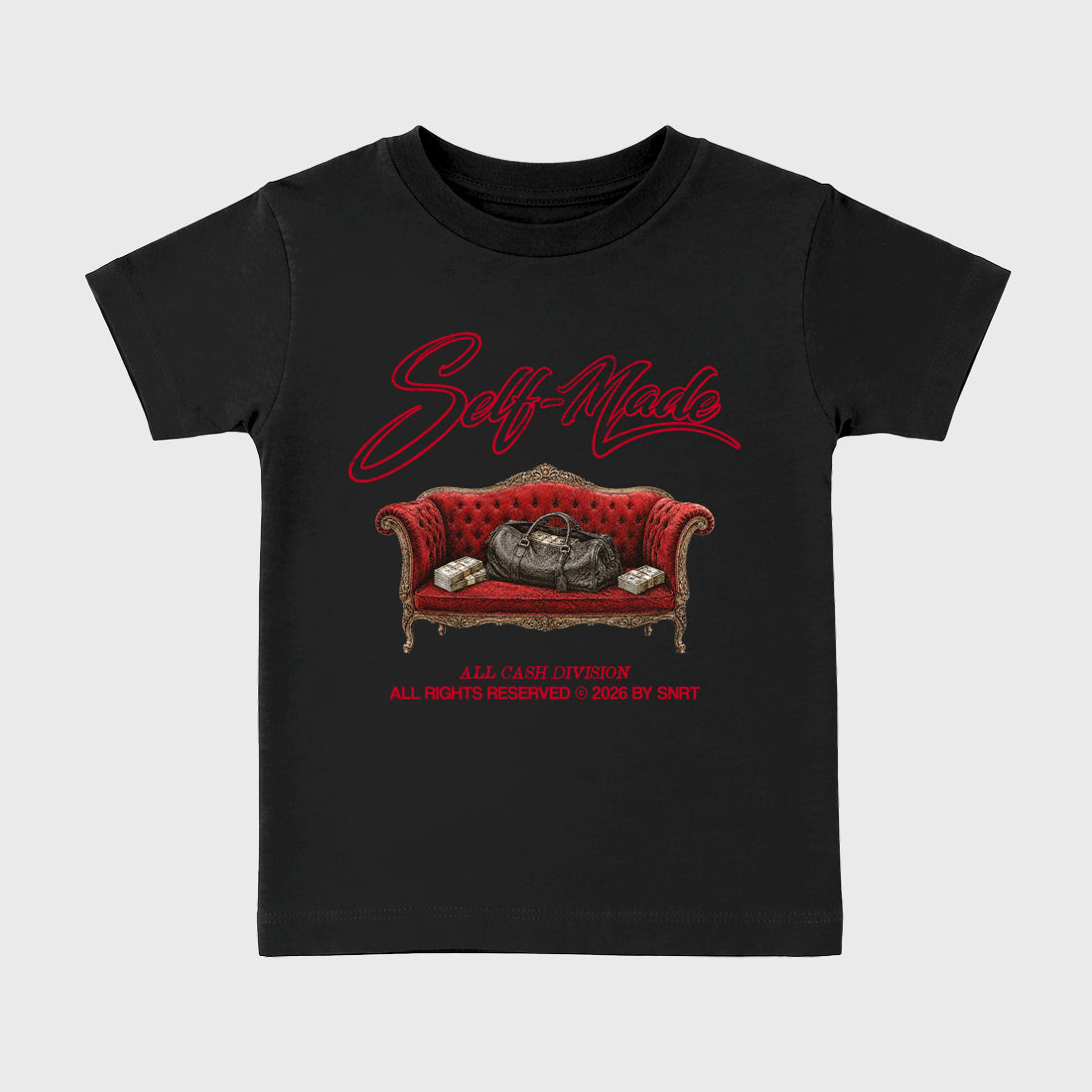 Self Made affordable baby and kids t-shirt designed to match the Air Jordan 12 Retro Bloodline, featuring coordinated Black 2 options for the perfect little sneakerhead streetwear look.