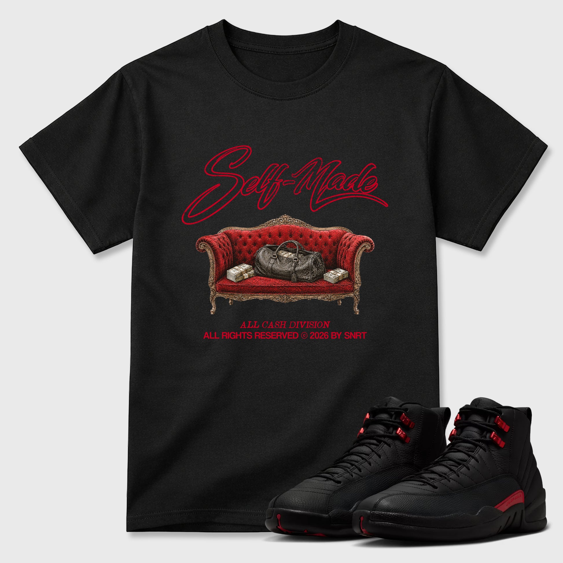 Self Made Graphic T-Shirt sneaker match tee designed for the Air Jordan 12 Retro Bloodline, featuring coordinated color options for a perfect streetwear match. Black 1 shirt.