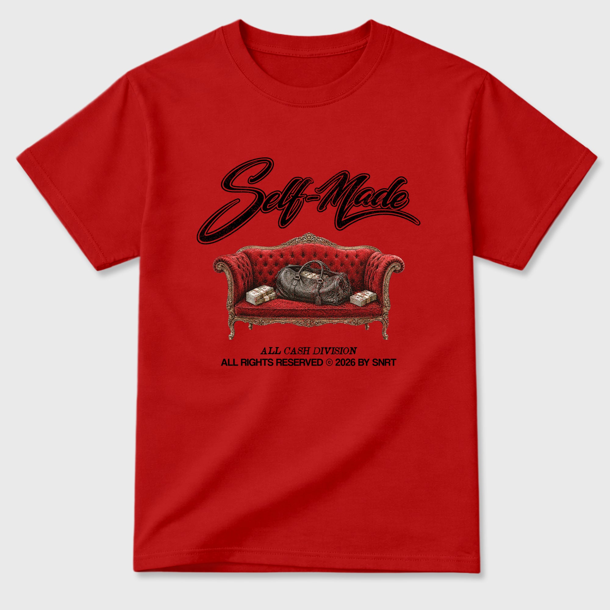 Self Made Graphic T-Shirt sneaker match tee designed for the Air Jordan 12 Retro Bloodline, featuring coordinated color options for a perfect streetwear match. Red 2 shirt.