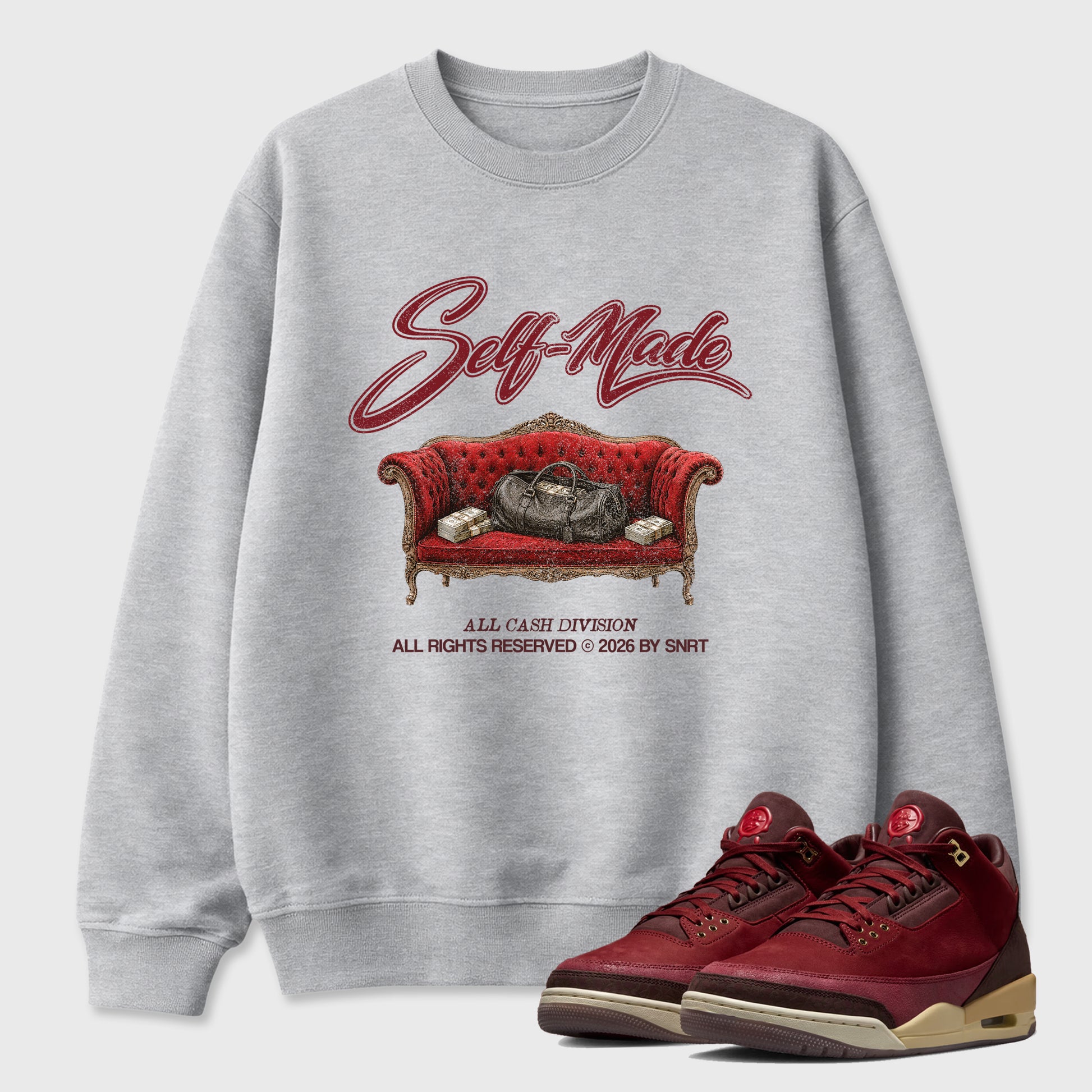 Self Made Graphic T-Shirt sneaker match tee designed for the Air Jordan 3 Bin 23, featuring coordinated color options for a perfect streetwear match. Heather Grey 1 shirt.
