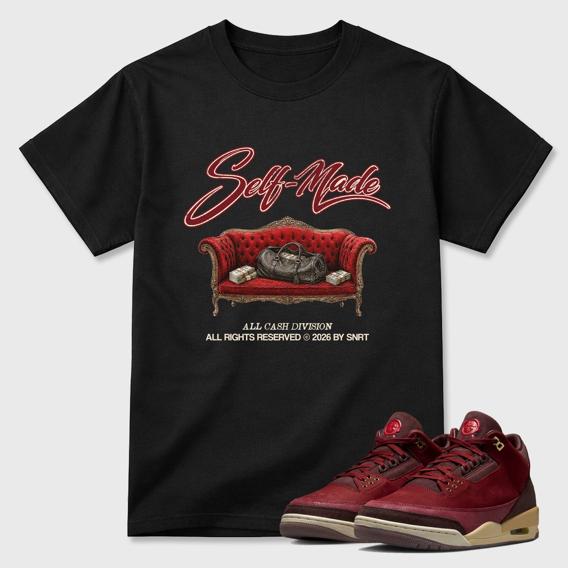 Self Made Graphic T-Shirt sneaker match tee designed for the Air Jordan 3 Bin 23, featuring coordinated color options for a perfect streetwear match. Black 1 shirt.