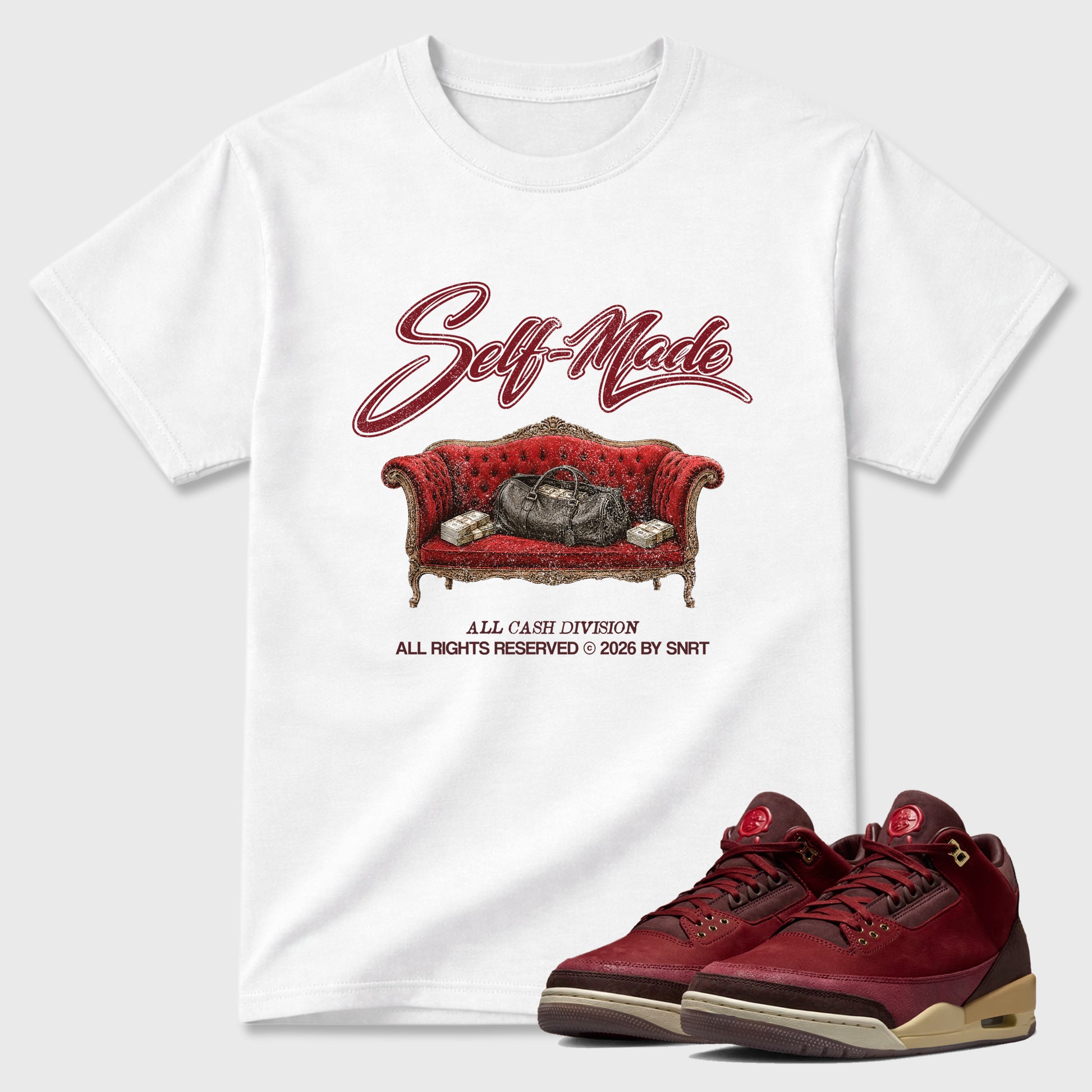 Self Made Graphic T-Shirt sneaker match tee designed for the Air Jordan 3 Bin 23, featuring coordinated color options for a perfect streetwear match. White 1 shirt.