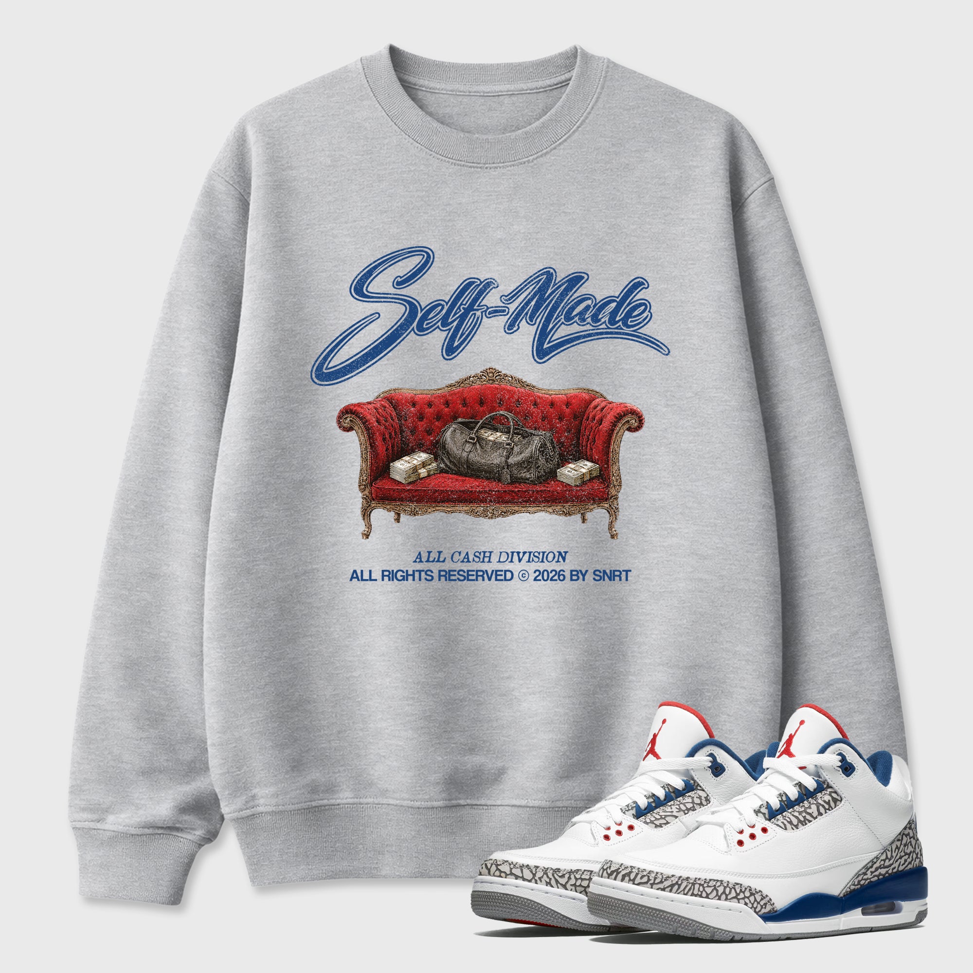 Self Made Graphic T-Shirt featuring original streetwear artwork designed to match the Air Jordan 3 True Blue. Heather Grey 1 Graphic Tee.
