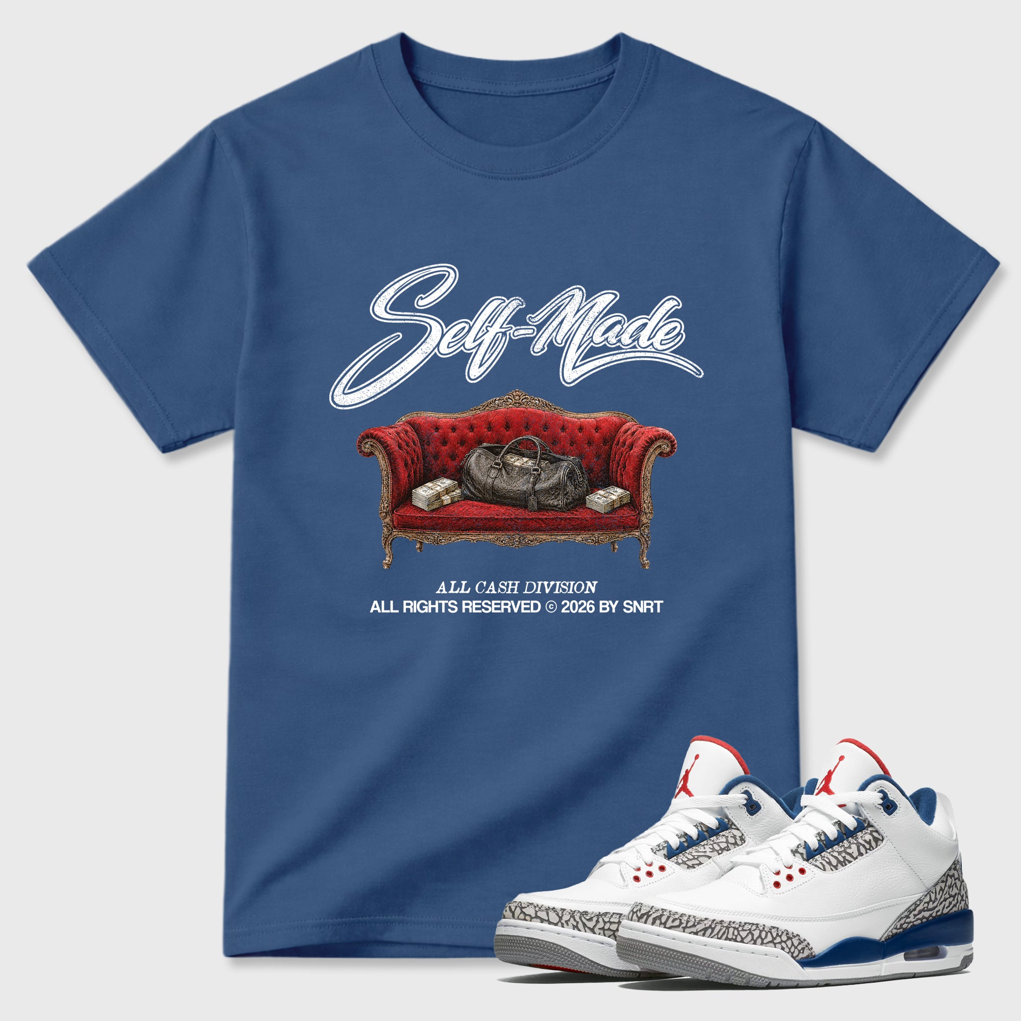 Self Made Graphic T-Shirt featuring original streetwear artwork designed to match the Air Jordan 3 True Blue. Denim Blue 1 Graphic T-Shirt.