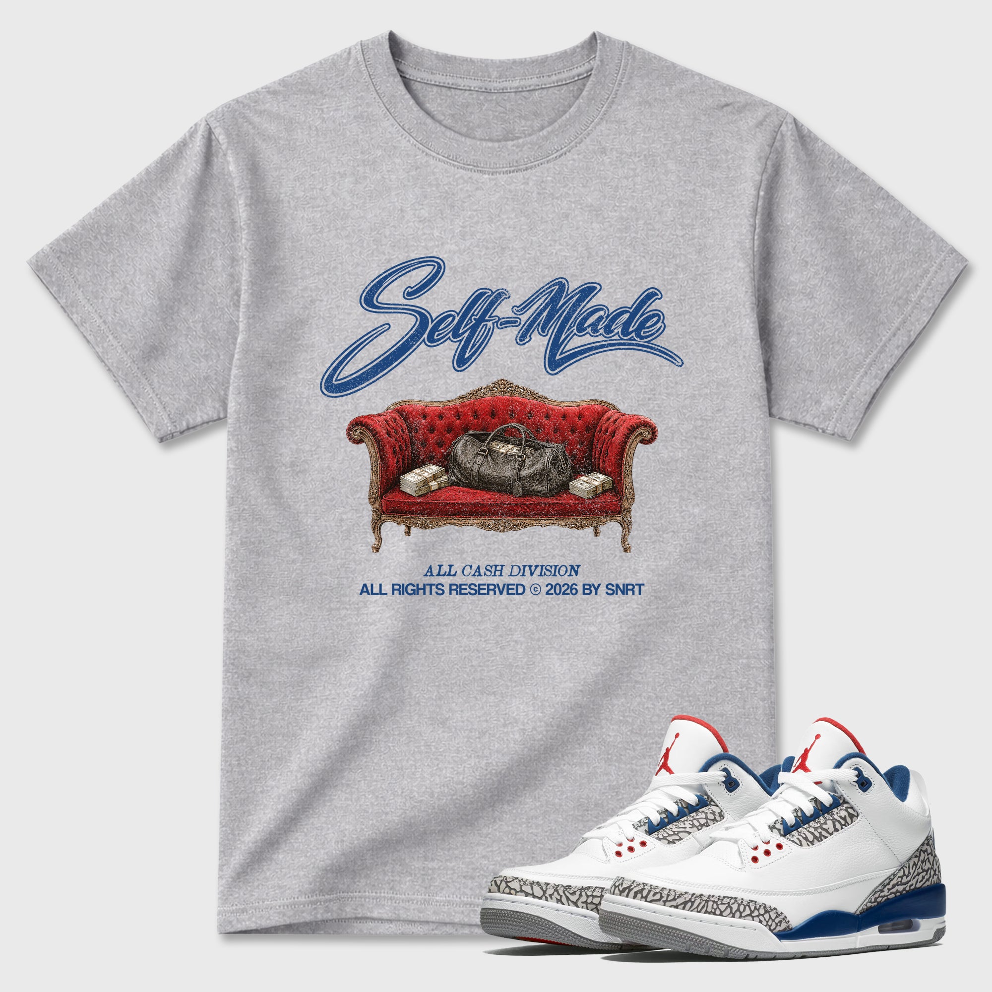 Self Made Graphic T-Shirt featuring original streetwear artwork designed to match the Air Jordan 3 True Blue. Heather Grey 1 Graphic T-Shirt.