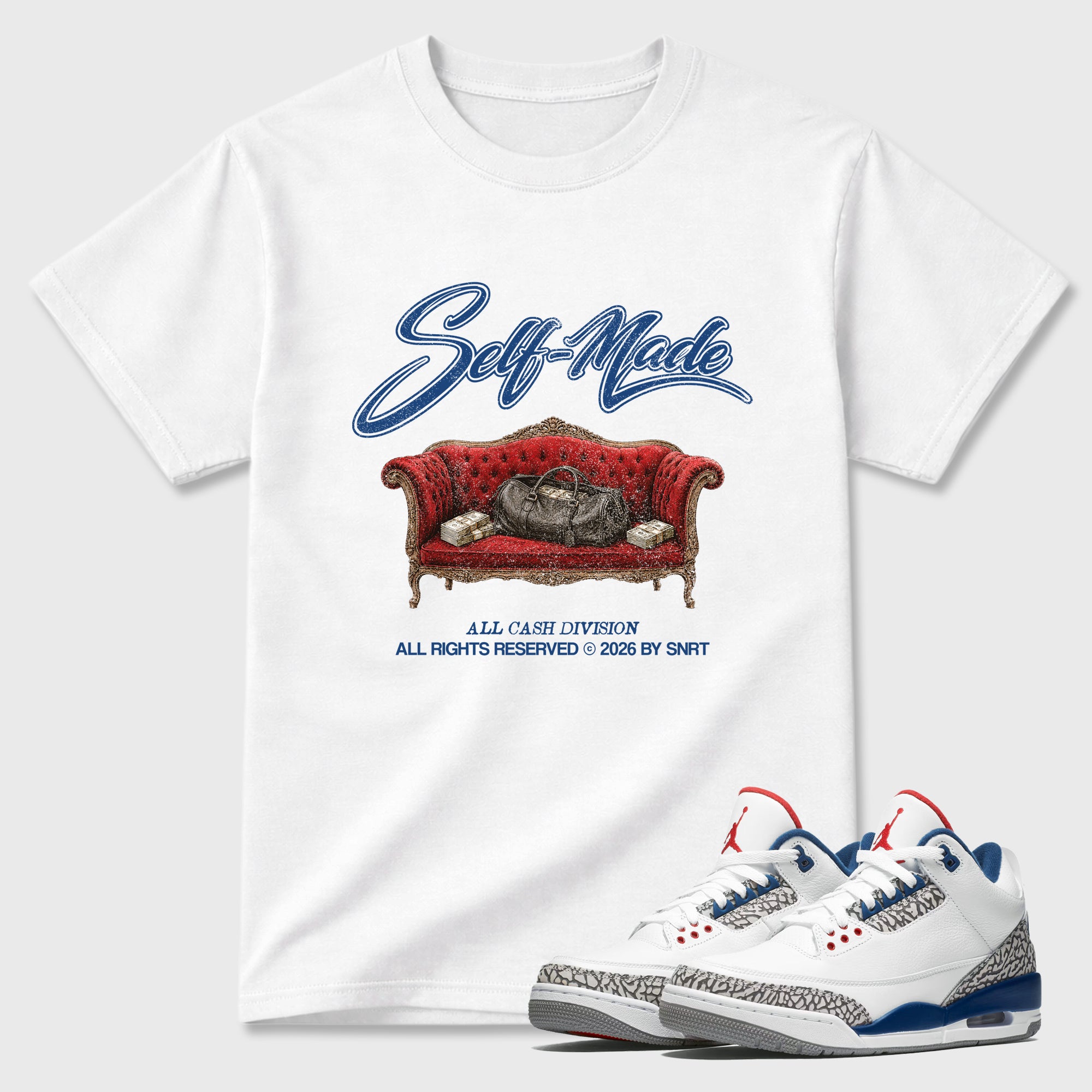 Self Made Graphic T-Shirt featuring original streetwear artwork designed to match the Air Jordan 3 True Blue. White 1 Graphic T-Shirt.