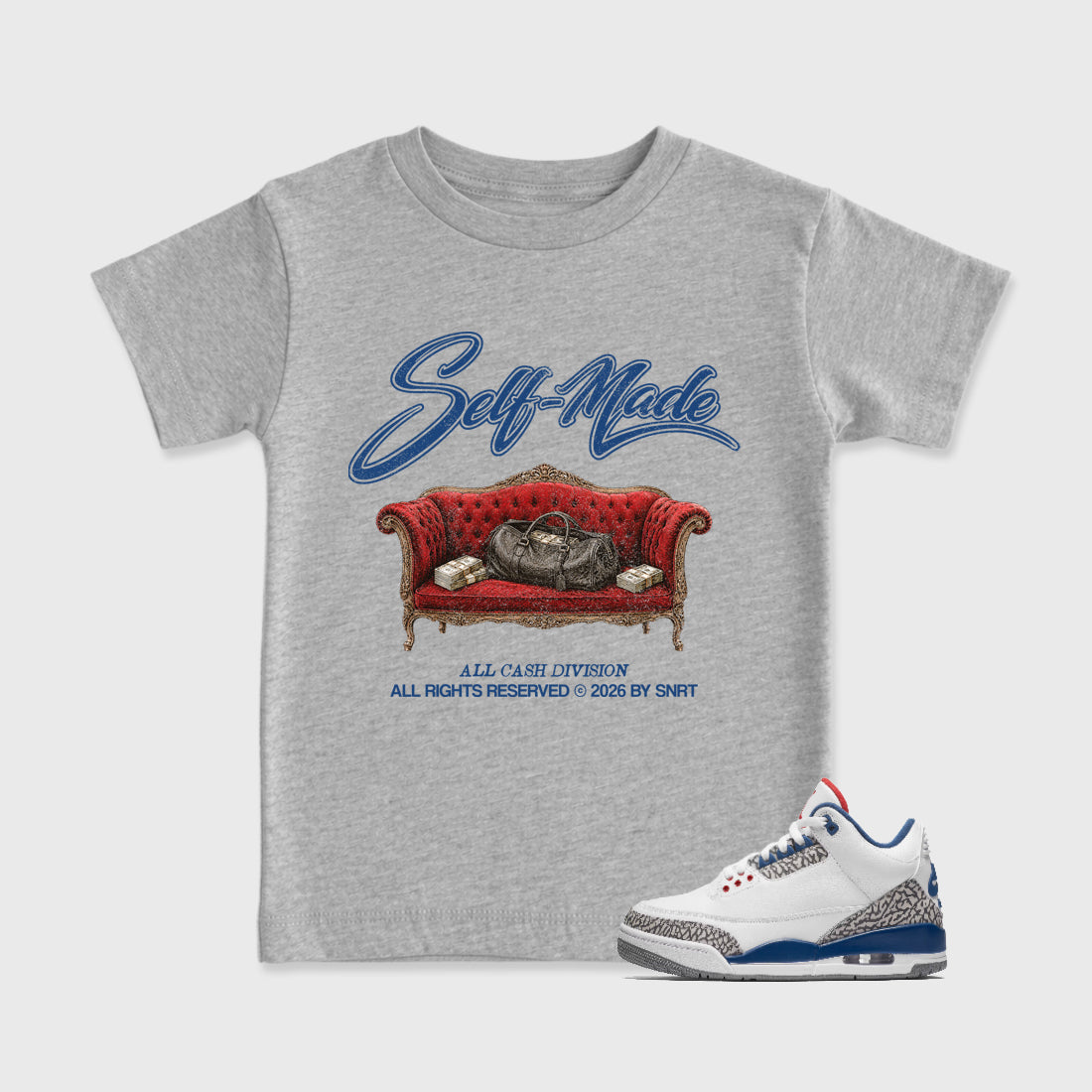 Self Made Baby & Kids Graphic T-Shirt featuring original artwork designed to match the Air Jordan 3 True Blue. Heather Grey 1 Kids Graphic Tee.