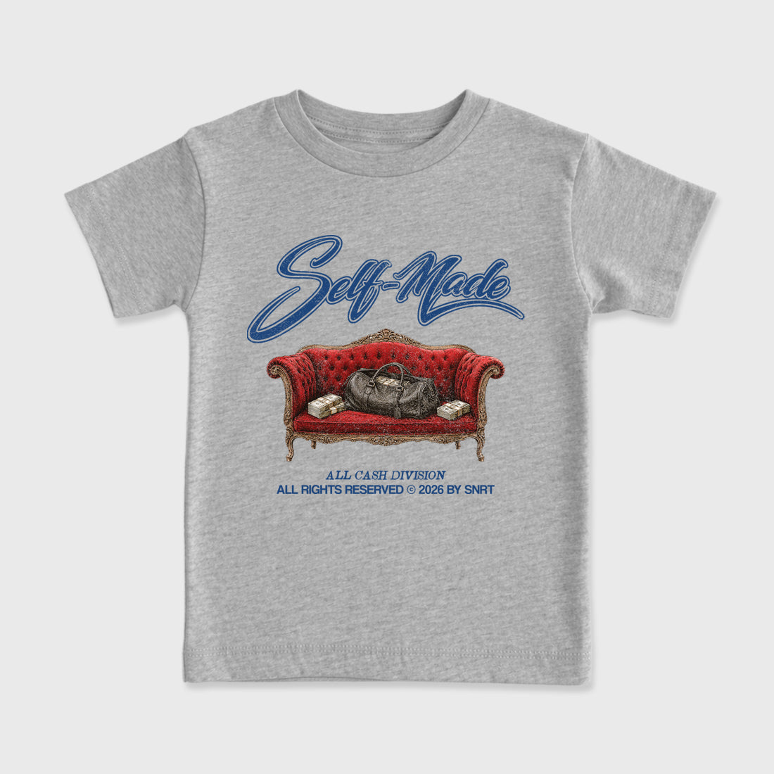 Self Made Baby & Kids Graphic T-Shirt featuring original artwork designed to match the Air Jordan 3 True Blue. Heather Grey 2 Kids Graphic Tee.