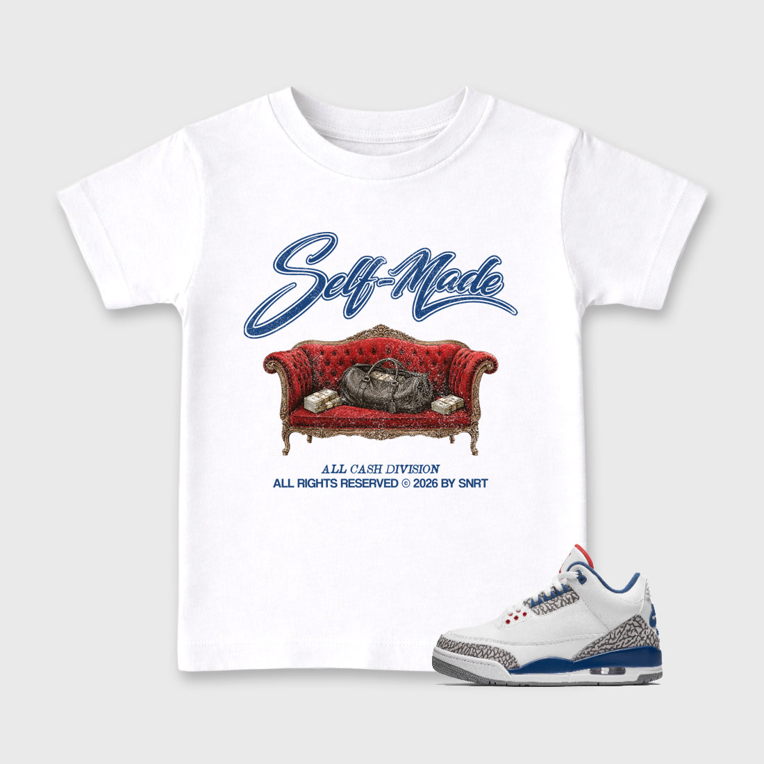 Self Made Baby & Kids Graphic T-Shirt featuring original artwork designed to match the Air Jordan 3 True Blue. White 1 Kids Graphic Tee.