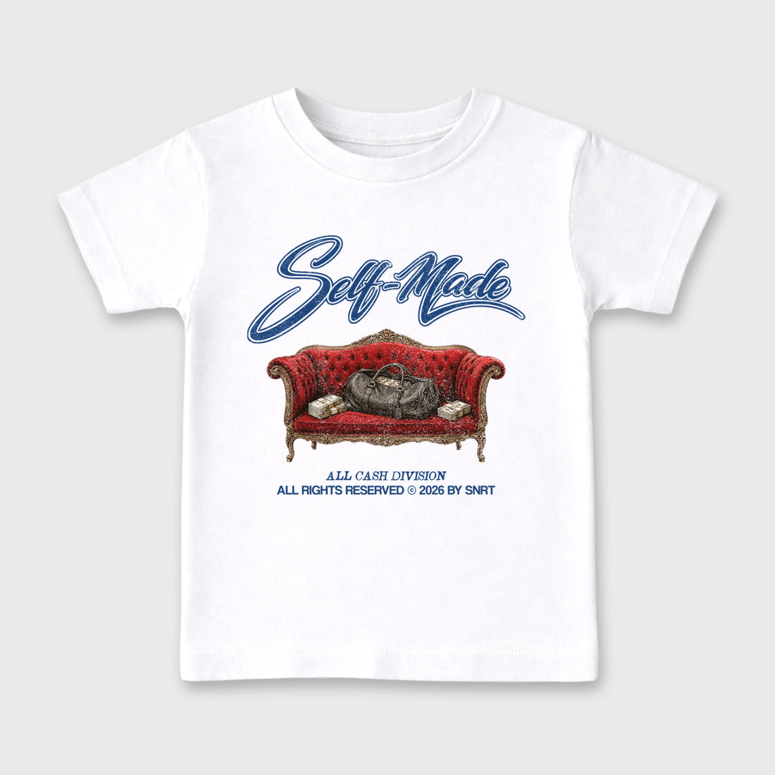 Self Made Baby & Kids Graphic T-Shirt featuring original artwork designed to match the Air Jordan 3 True Blue. White 2 Kids Graphic Tee.