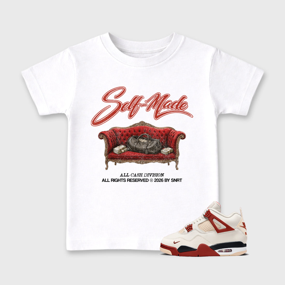 Sneaker match tees – Sneaker Tees To Match Air Jordan 4 Brick After Brick Shoes – Self Made Kids T-Shirt White 1