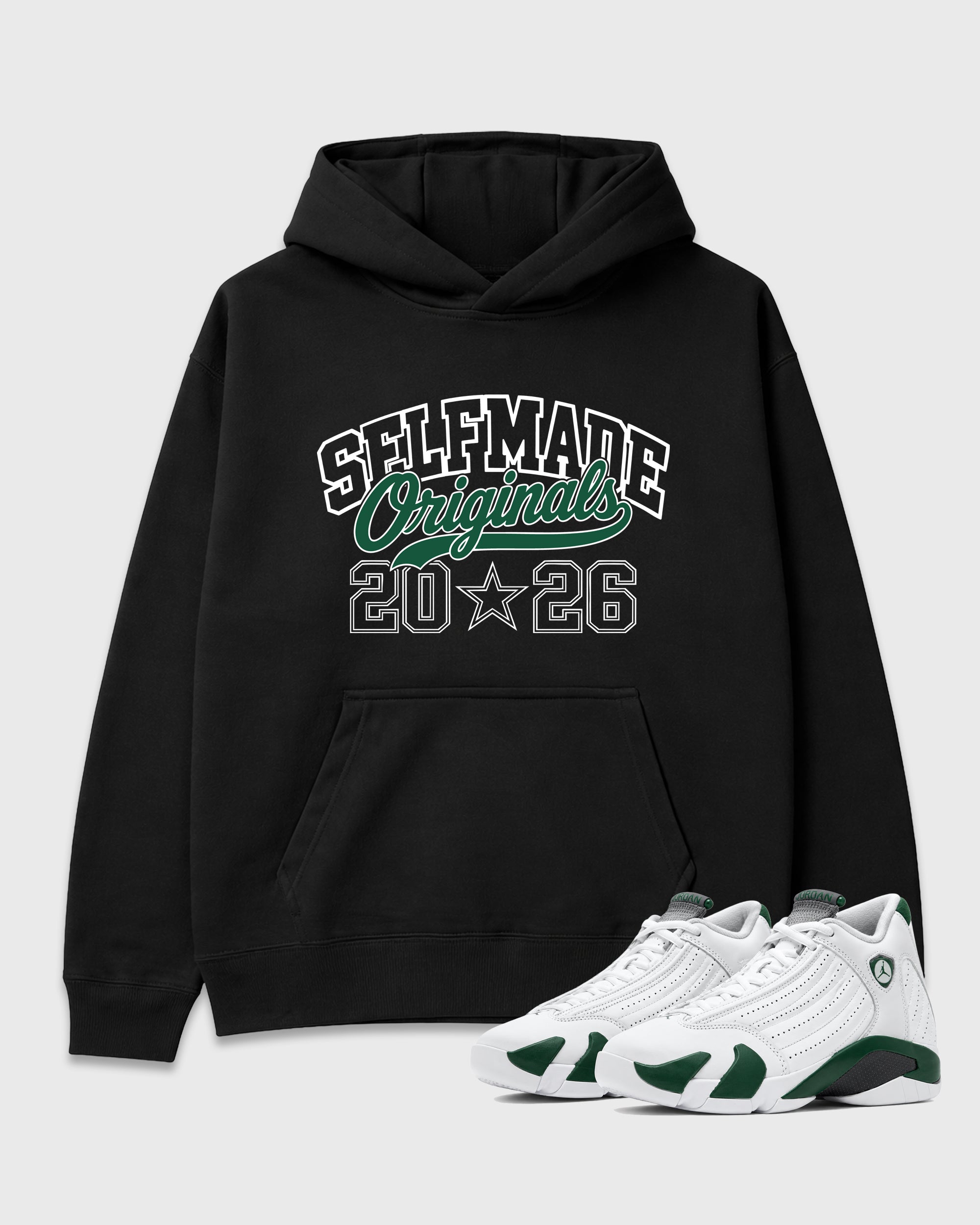 Self Made Originals Graphic T-Shirt featuring original streetwear artwork designed to match the Air Jordan 14 Forest Green. Black 1 Graphic Tee.