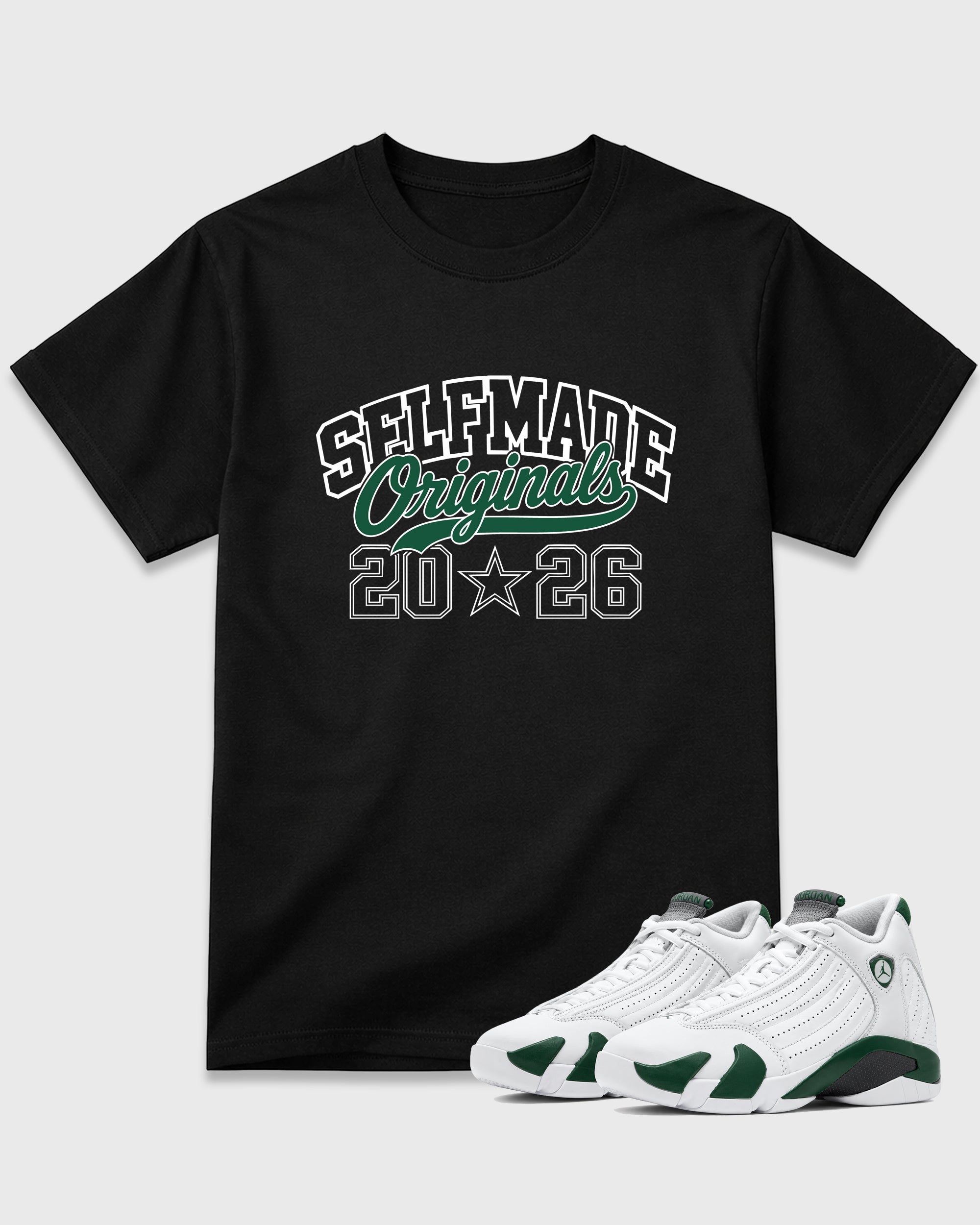 Self Made Originals Graphic T-Shirt featuring original streetwear artwork designed to match the Air Jordan 14 Forest Green. Black 1 Graphic T-Shirt.