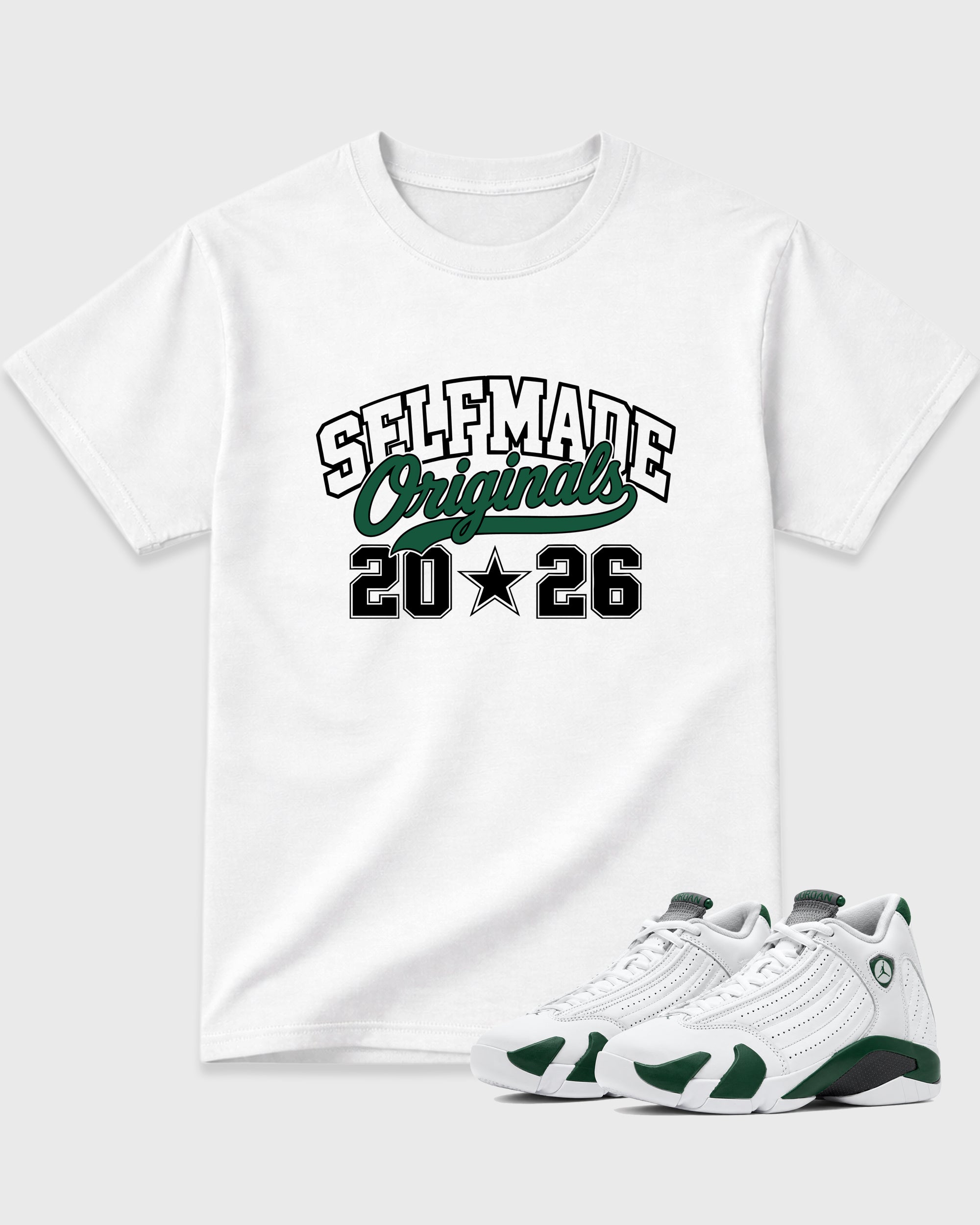 Self Made Originals Graphic T-Shirt featuring original streetwear artwork designed to match the Air Jordan 14 Forest Green. White 1 Graphic T-Shirt.