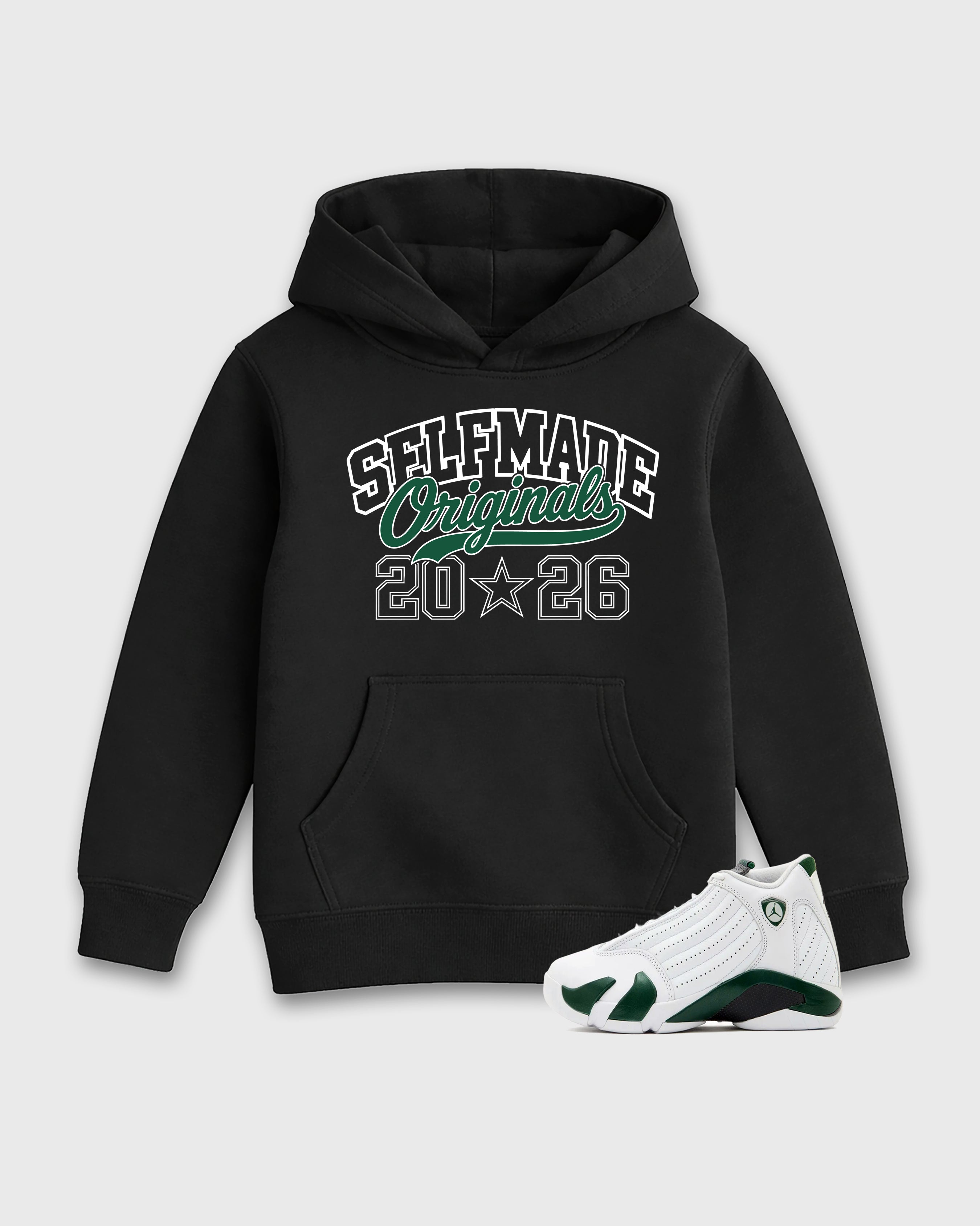 Self Made Originals Baby & Kids Graphic Hoodie featuring original artwork designed to match the Air Jordan 14 Forest Green. Black 1 Kids Graphic Sweater.