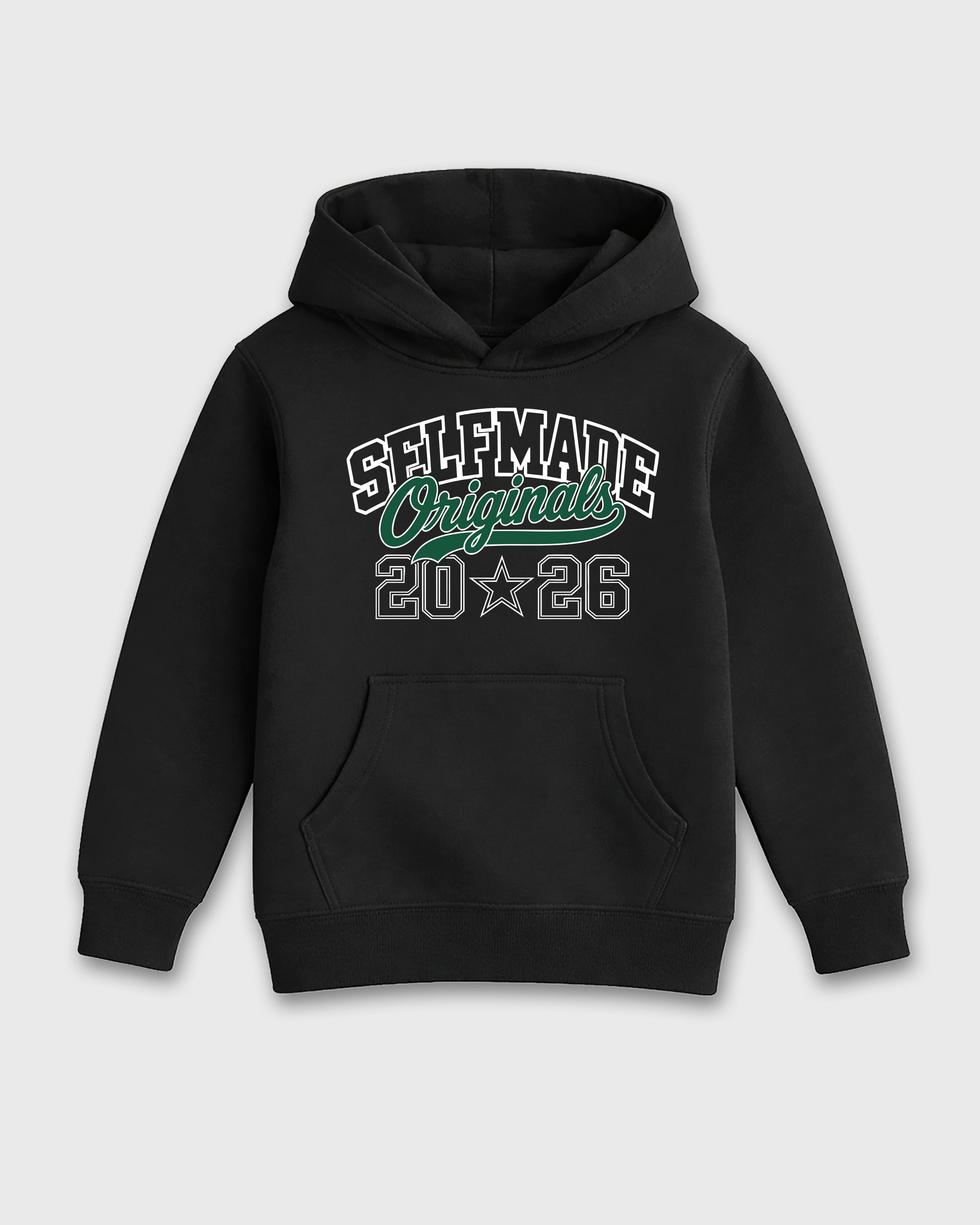 Self Made Originals Baby & Kids Graphic Hoodie featuring original artwork designed to match the Air Jordan 14 Forest Green. Black 2 Kids Graphic Sweater.