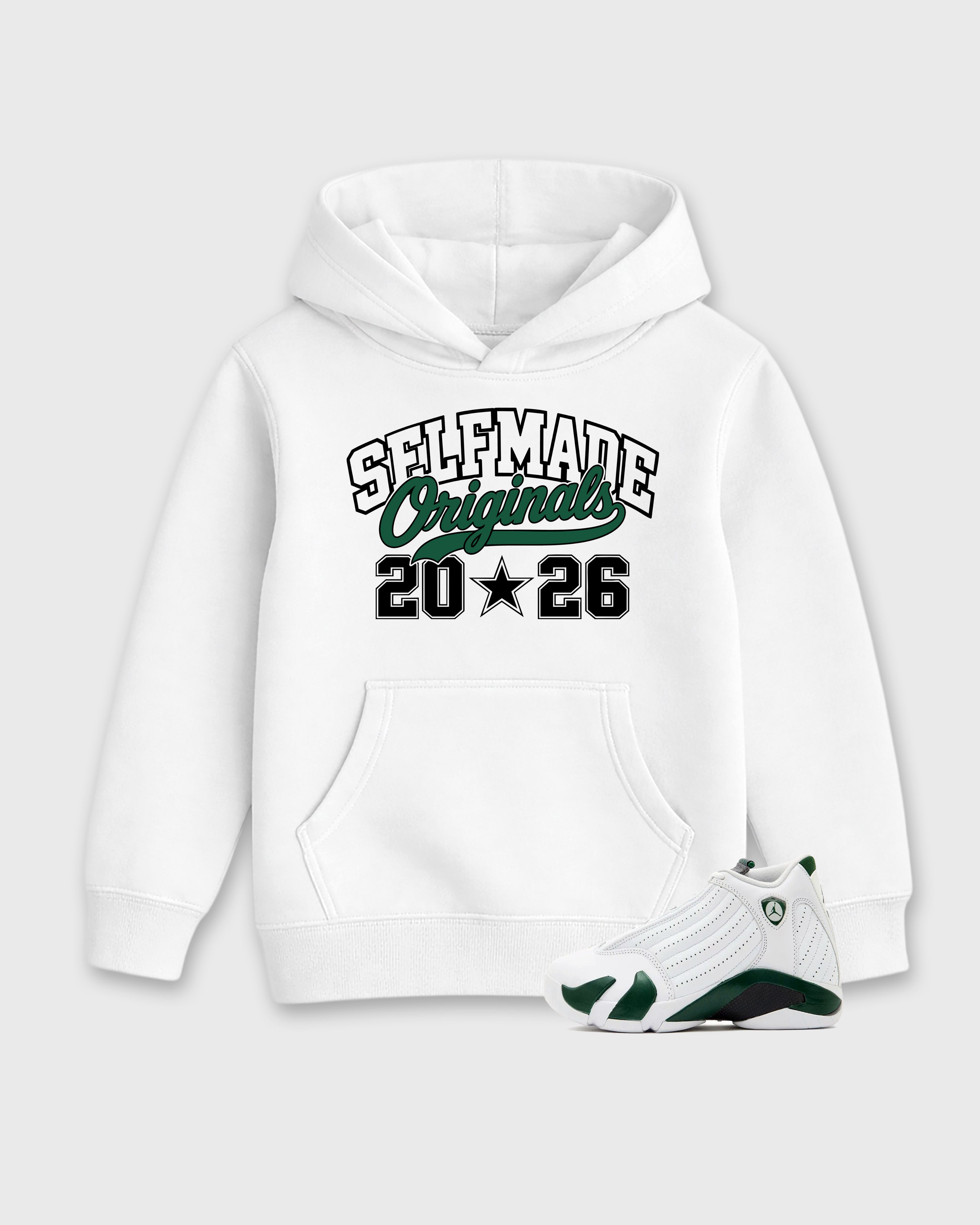 Self Made Originals Baby & Kids Graphic Hoodie featuring original artwork designed to match the Air Jordan 14 Forest Green. White 1 Kids Graphic Sweater.