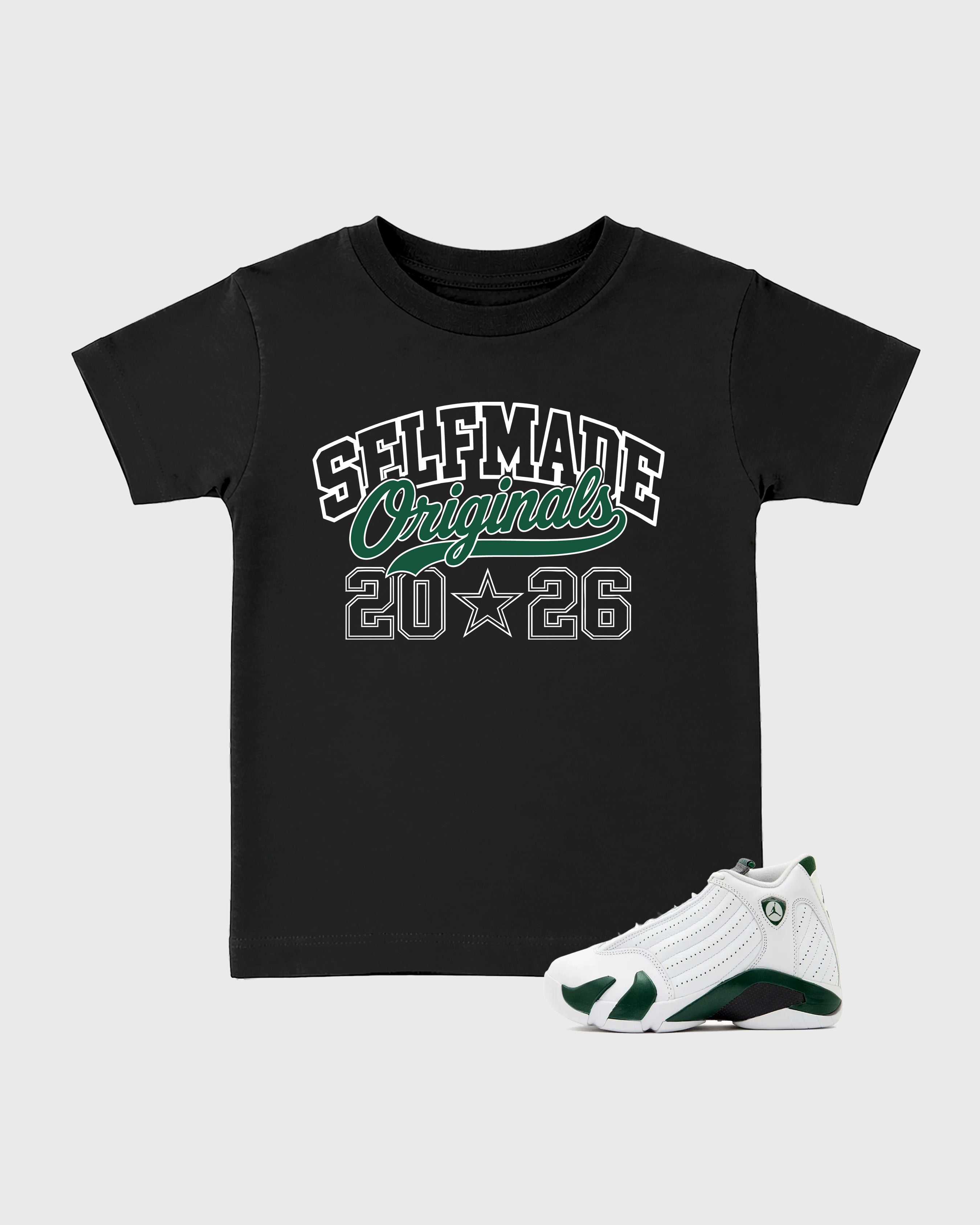 Self Made Originals Baby & Kids Graphic T-Shirt featuring original artwork designed to match the Air Jordan 14 Forest Green. Black 1 Kids Graphic Tee.