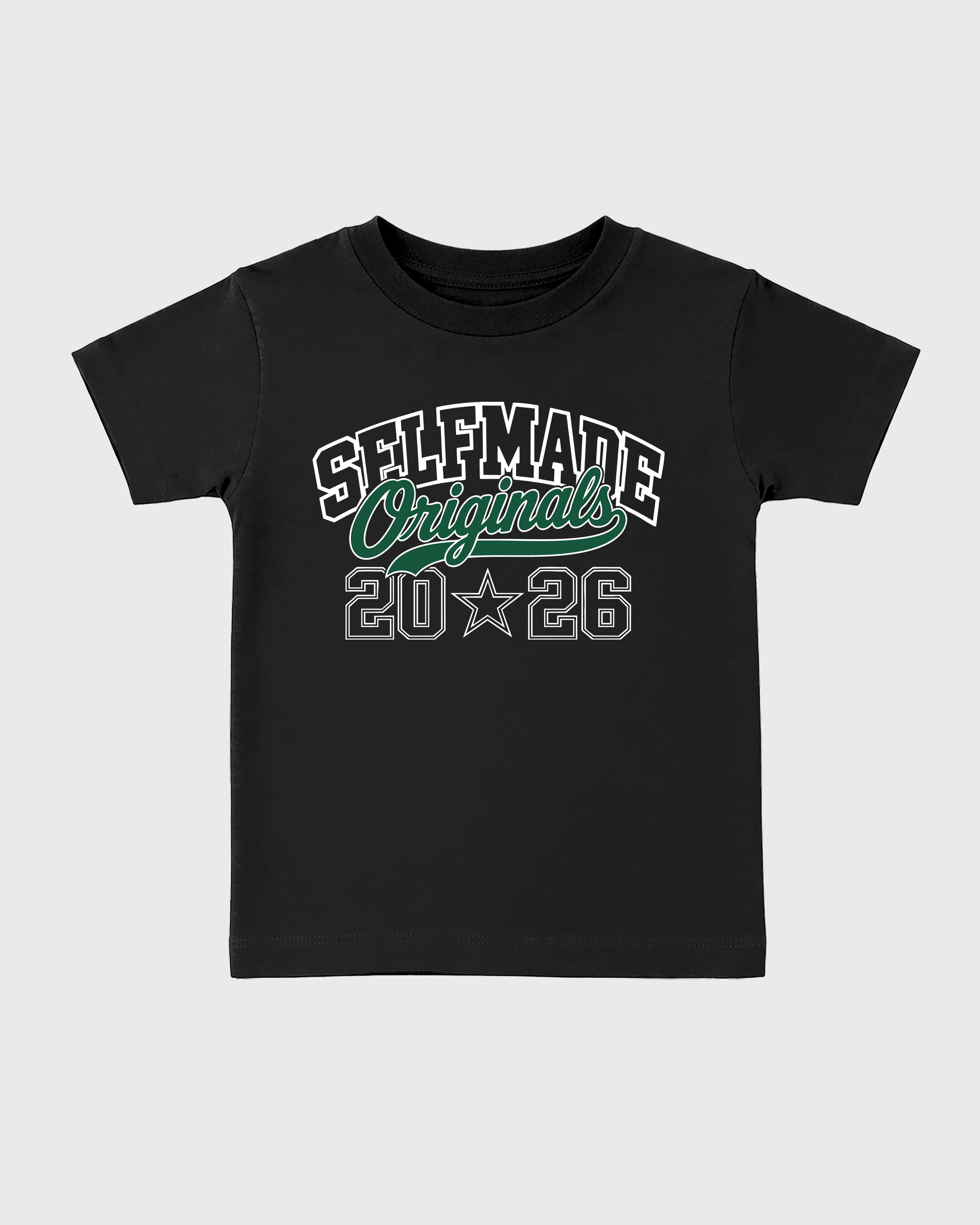 Self Made Originals Baby & Kids Graphic T-Shirt featuring original artwork designed to match the Air Jordan 14 Forest Green. Black 2 Kids Graphic Tee.