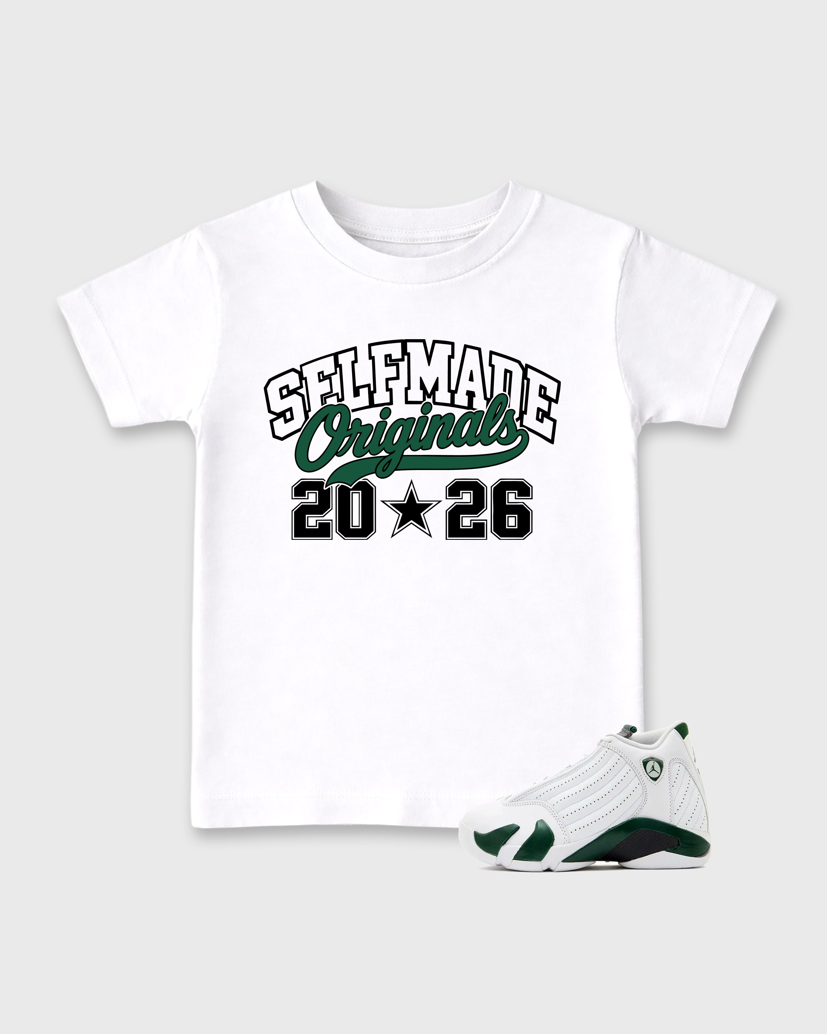 Self Made Originals Baby & Kids Graphic T-Shirt featuring original artwork designed to match the Air Jordan 14 Forest Green. White 1 Kids Graphic Tee.