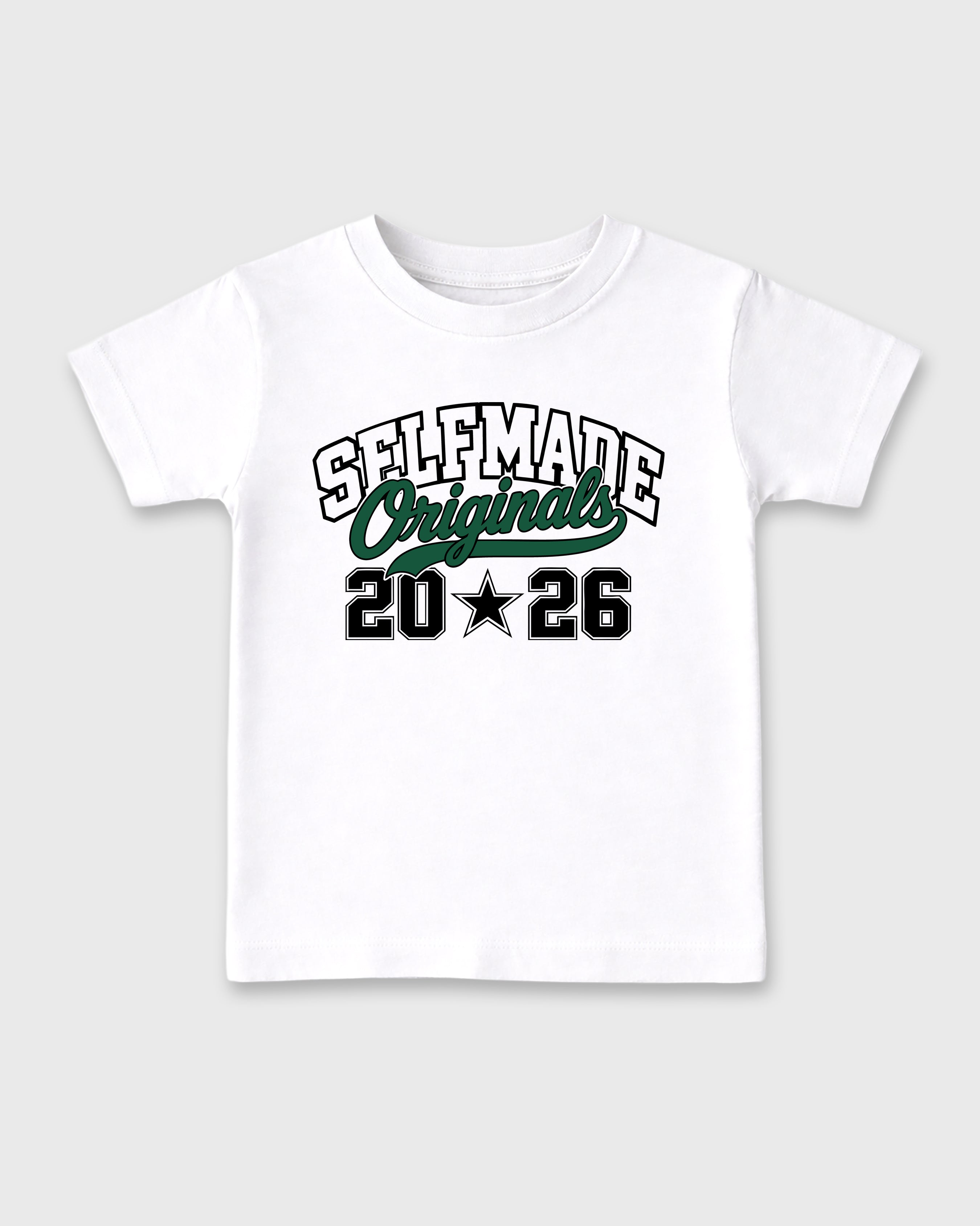 Self Made Originals Baby & Kids Graphic T-Shirt featuring original artwork designed to match the Air Jordan 14 Forest Green. White 2 Kids Graphic Tee.