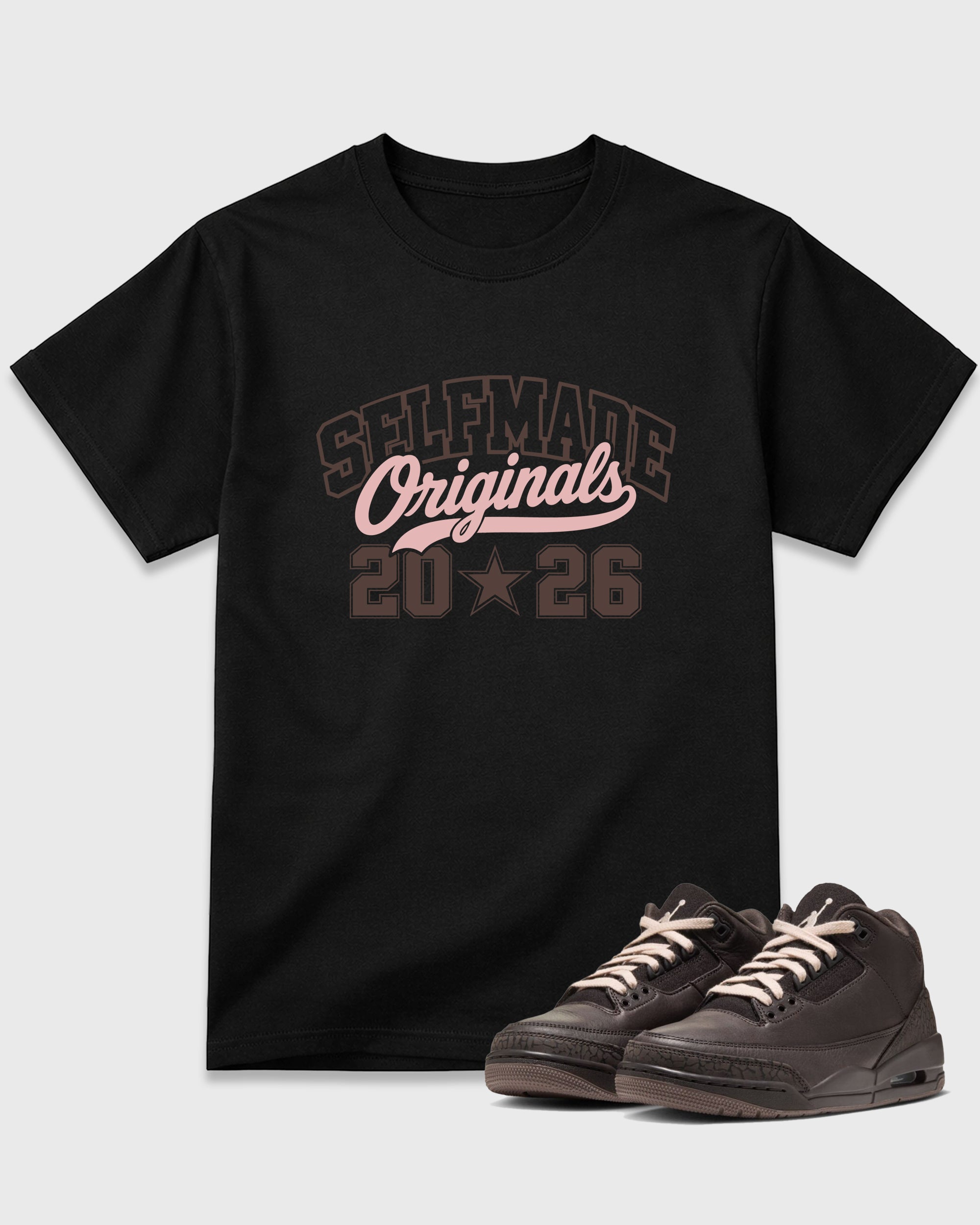 Self Made Originals Graphic T-Shirt featuring original streetwear artwork designed to match the Air Jordan 3 Fireside. Black 1 Graphic T-Shirt.