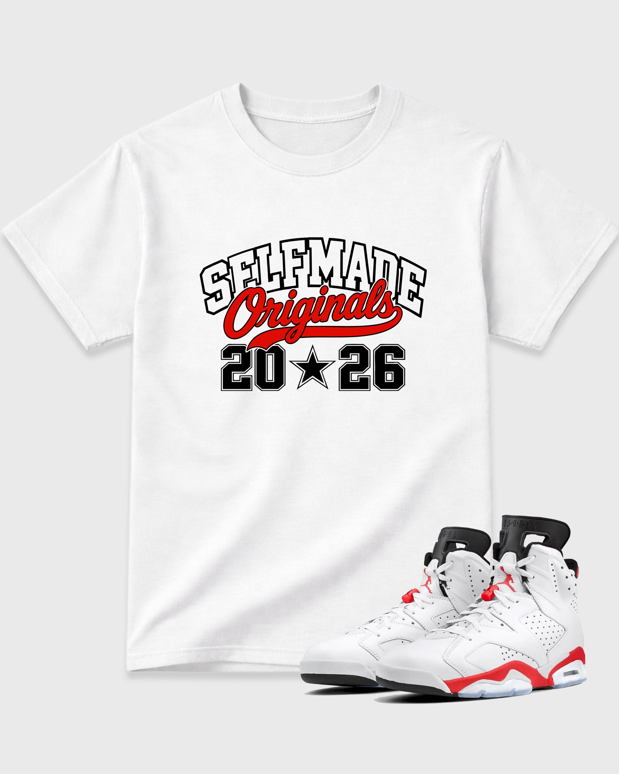 Self Made Originals Graphic T-Shirt featuring original streetwear artwork designed to match the Air Jordan 6 White Infrared. White 1 Graphic T-Shirt.